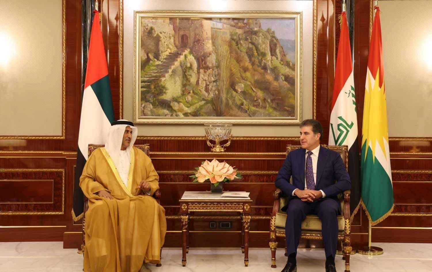 Kurdistan Region President Barzani (R) received UAE's Minister of State and the country's special envoy for economic affairs to the Kurdistan Region Saeed Mubarak Al Hajeri, and his accompanying delegatoin in Erbil on Wednesday, September 10, 2025. Photo: Kurdistan Region Presidency