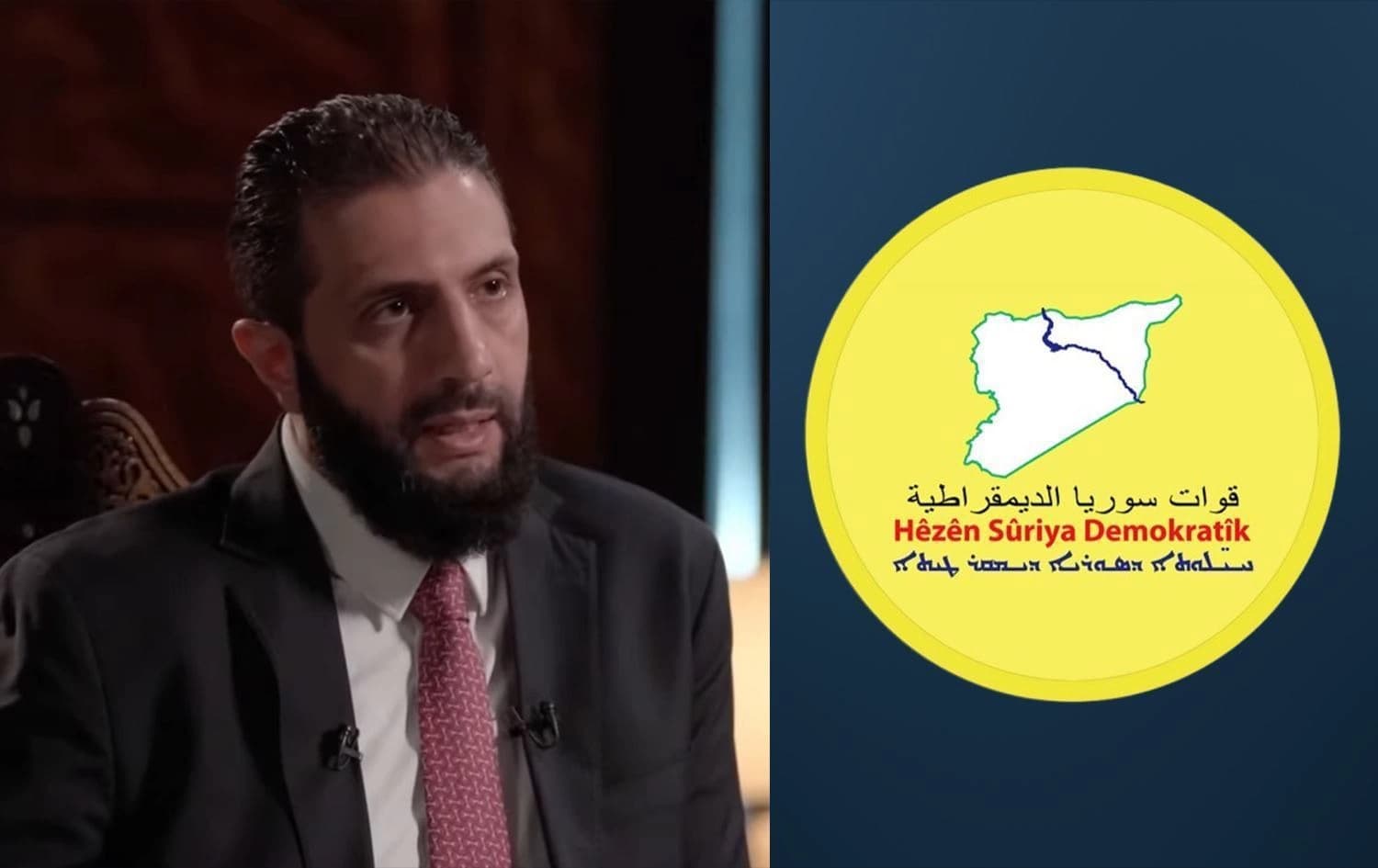 Syrian interim President Ahmed al-Sharaa (left) and SDF logo (right). Graphic: Rudaw