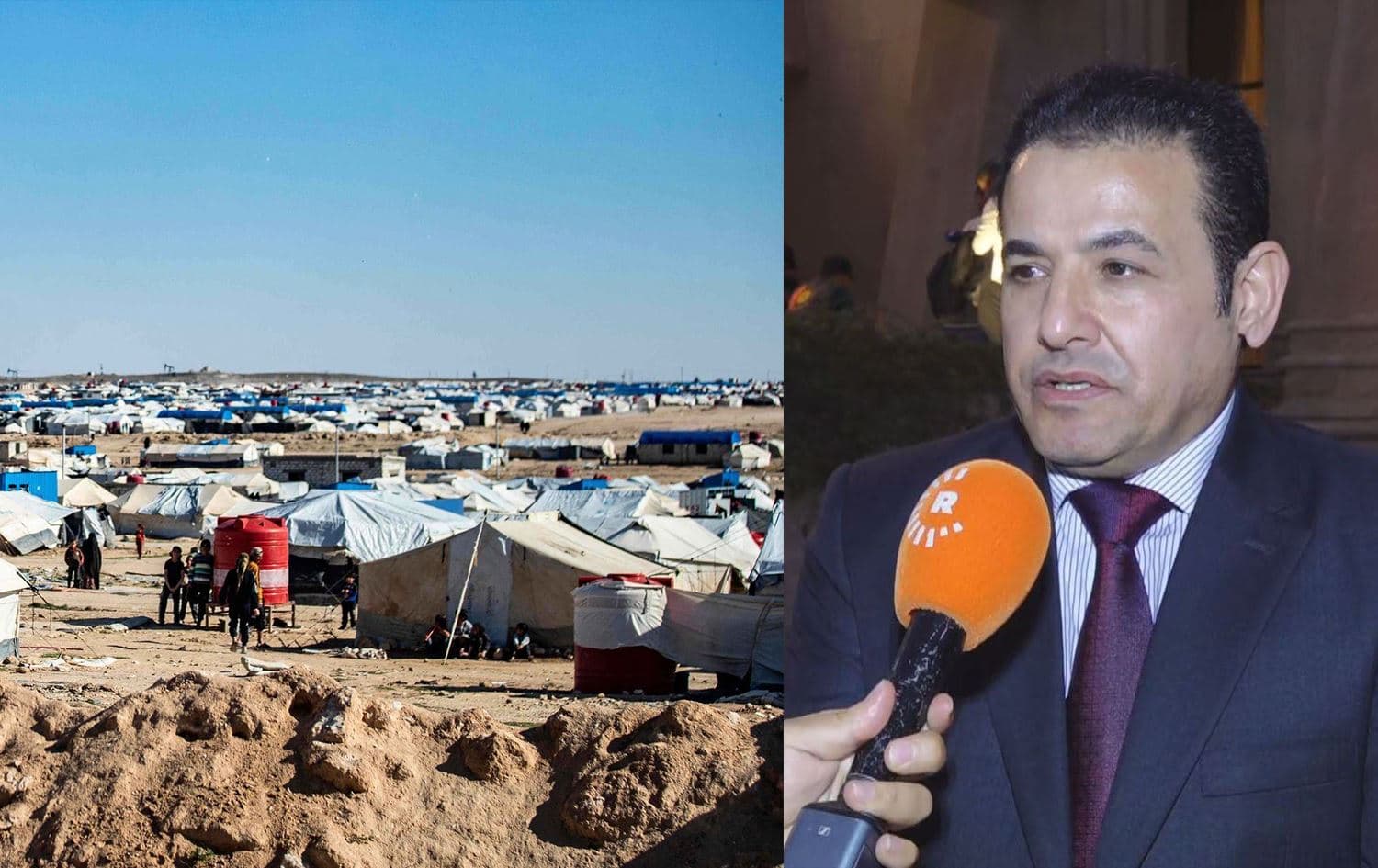 AFP file photo of al-Hol camp in Rojava (left) and Iraqi National Security Advisor Qasim al-Araji speaking to Rudaw in 2024. Graphic: Rudaw 