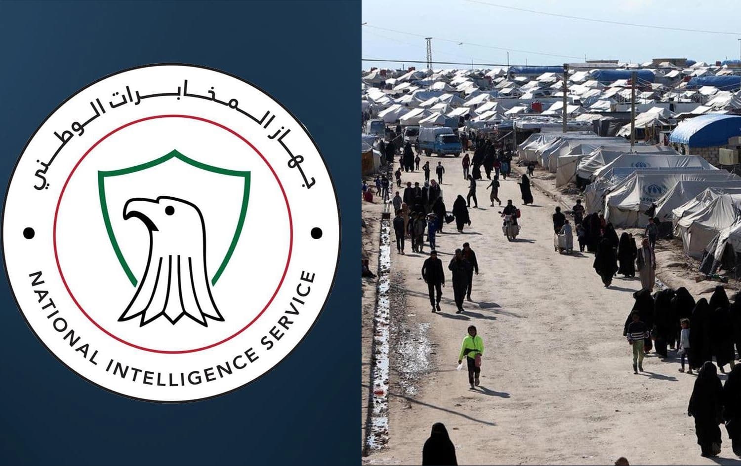 Iraq's National Intelligence Service logo (left) and a file photo of al-Hol camp in Rojava. Graphic: Rudaw 