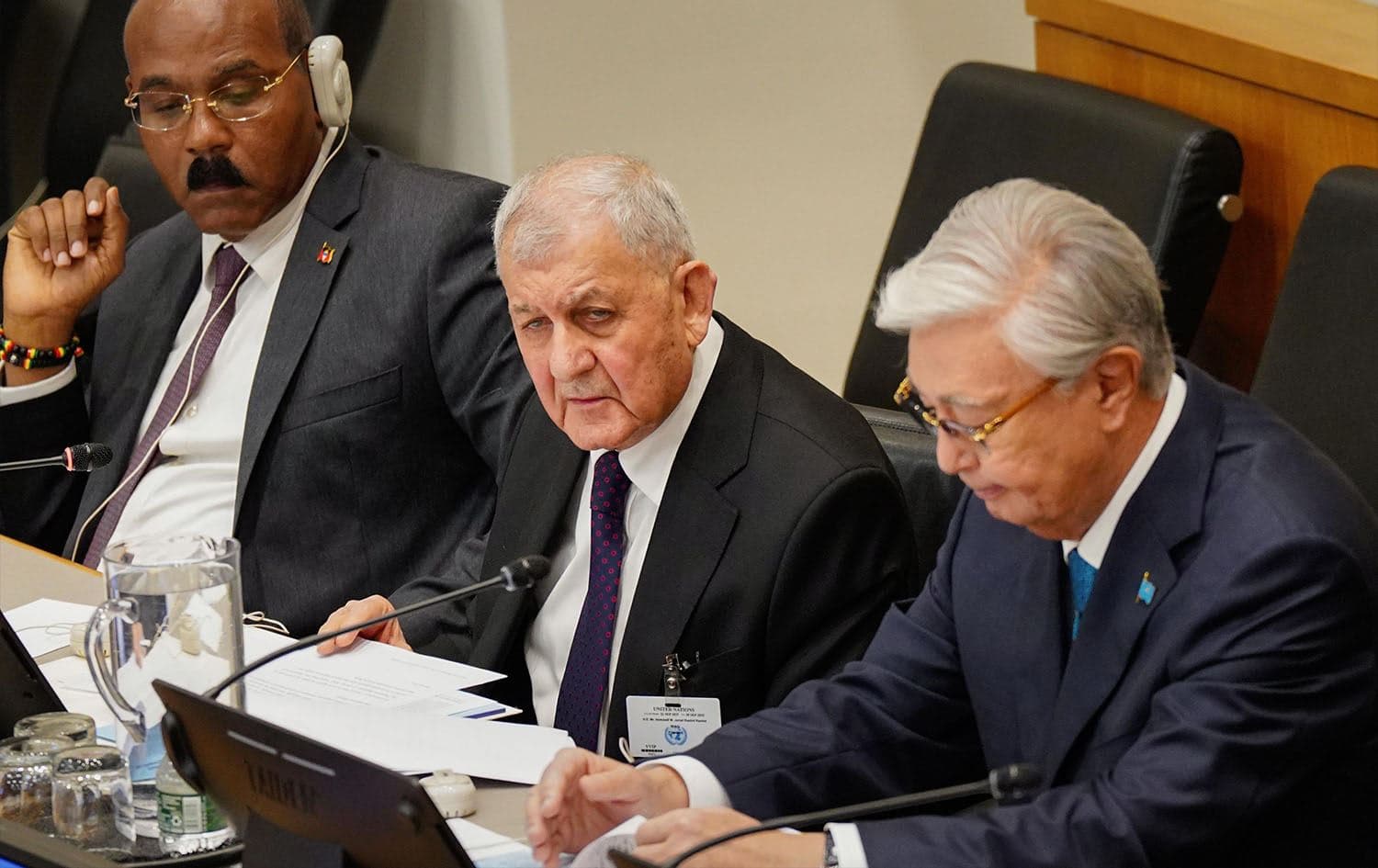 Iraqi President Abdul Latif Rashid speaking on the sidelines of the United Nations General Assembly during the Global Development Initiative in New York on September 23, 2025. Photo: Iraqi presidency