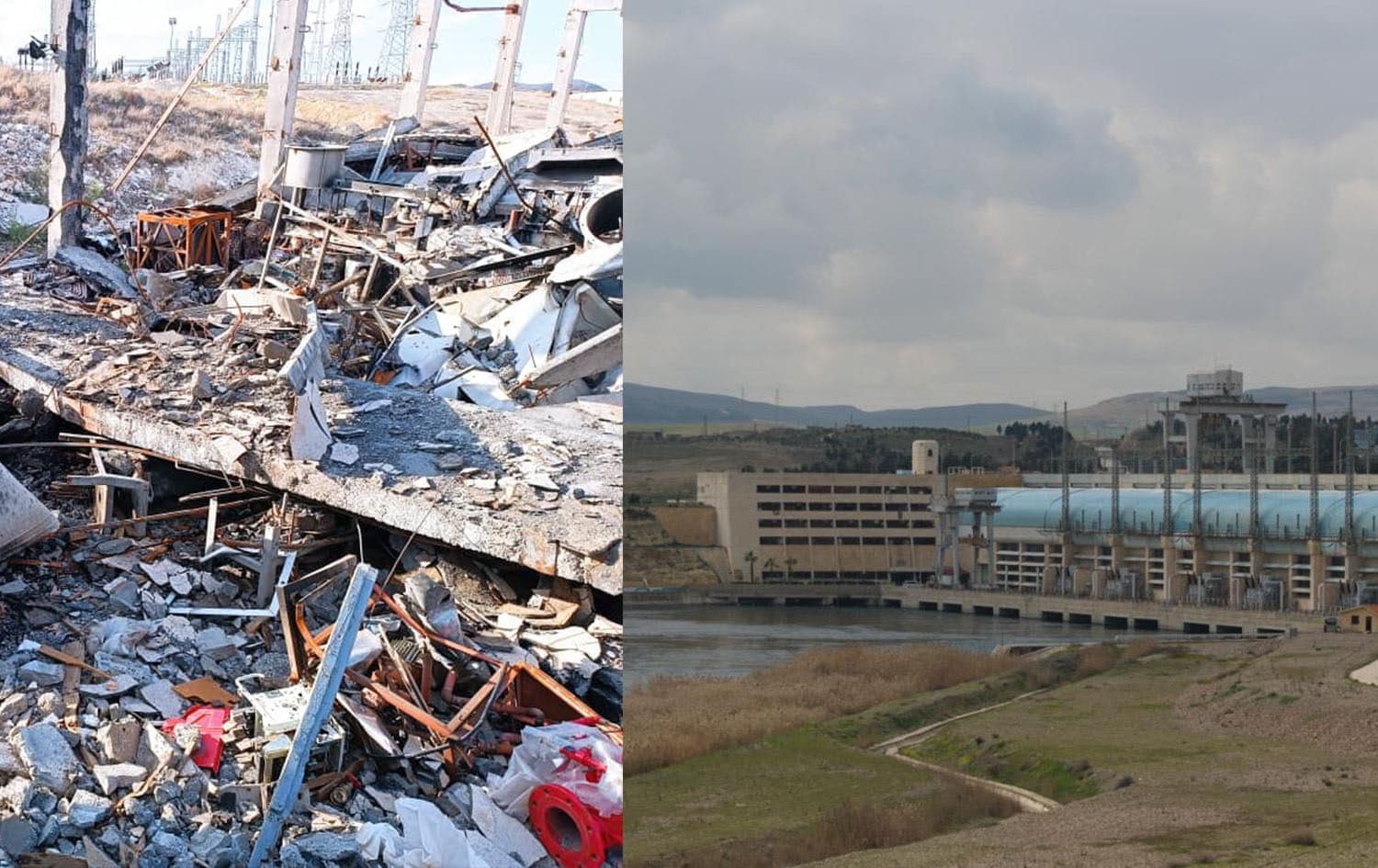 Damage caused to Tishreen Dam in northern Syria in April 2025 (left) and a file photo of the dam. Photo and graphic: Rudaw
