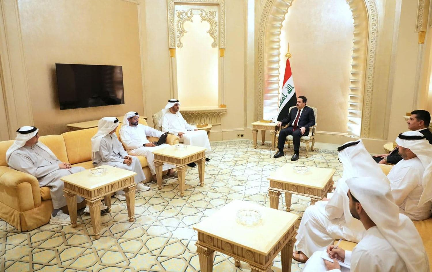 Iraqi Prime Minister Mohammed Shia’ al-Sudani (middle), in a meeting with UAE Minister of Industry and Advanced Technology Sultan al-Jaber in Abu Dhabi (4th from left), on October 2, 2025. Photo: Sudani’s office