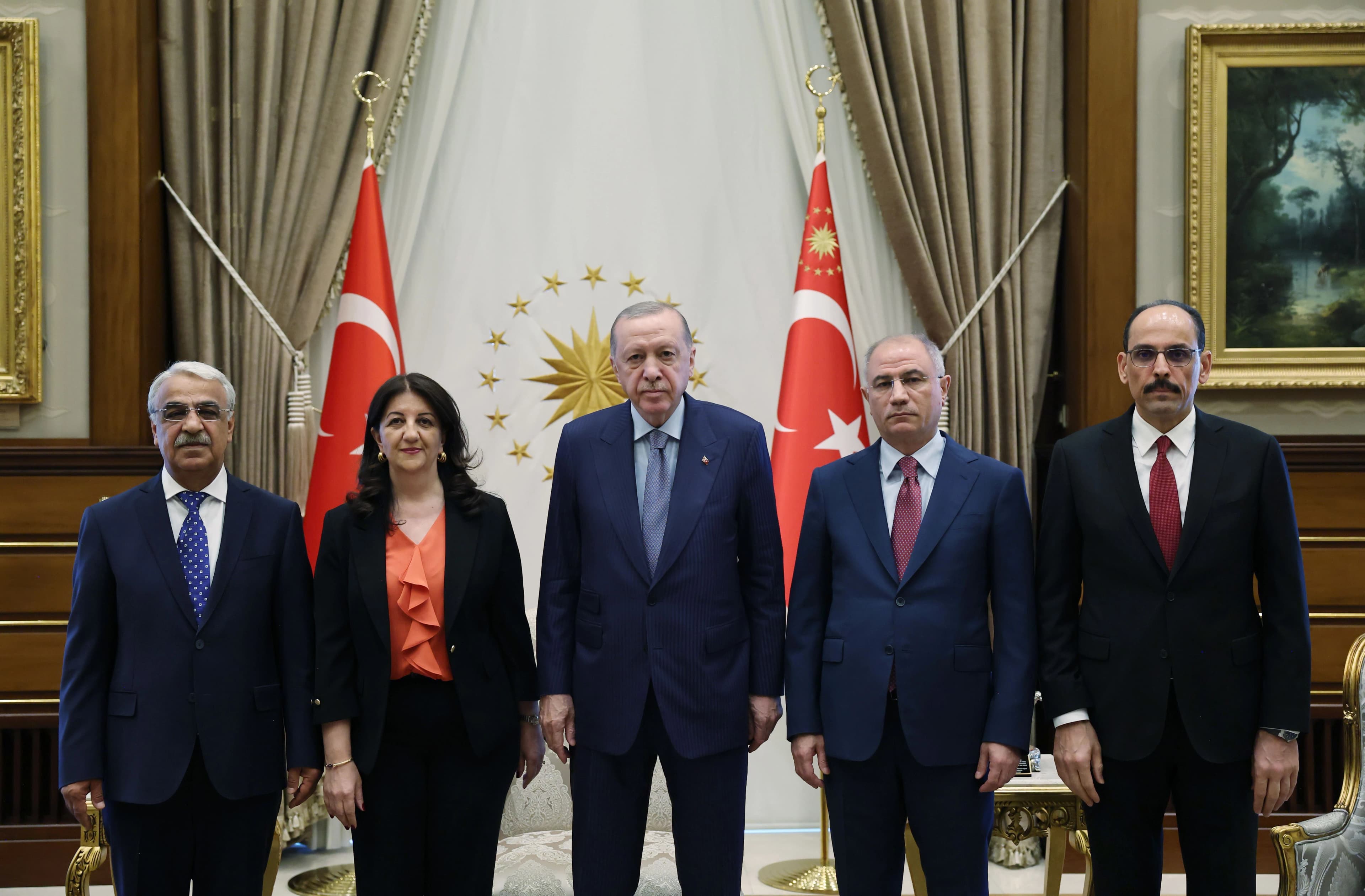 Turkish President Recep Tayyip Erdogan (middle) meeting with DEM Party delegation at the Presidential Complex on July 7, 2025.