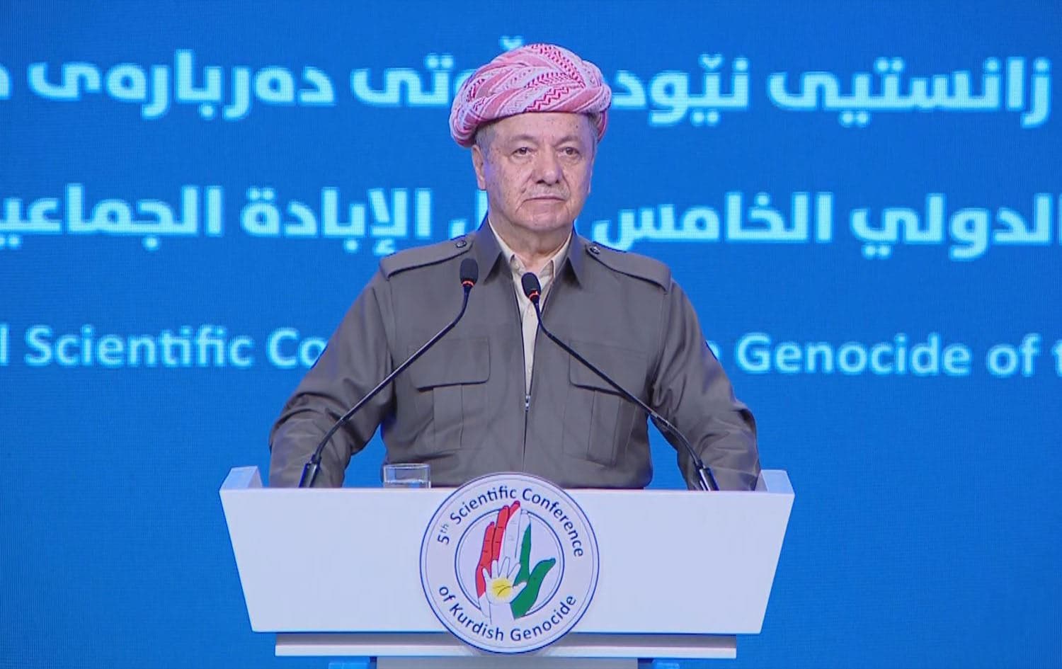 Kurdistan Democratic Party (KDP) President Masoud Barzani speaking during a conference in Duhok on October 28, 2025. Photo: screengrab/Rudaw
