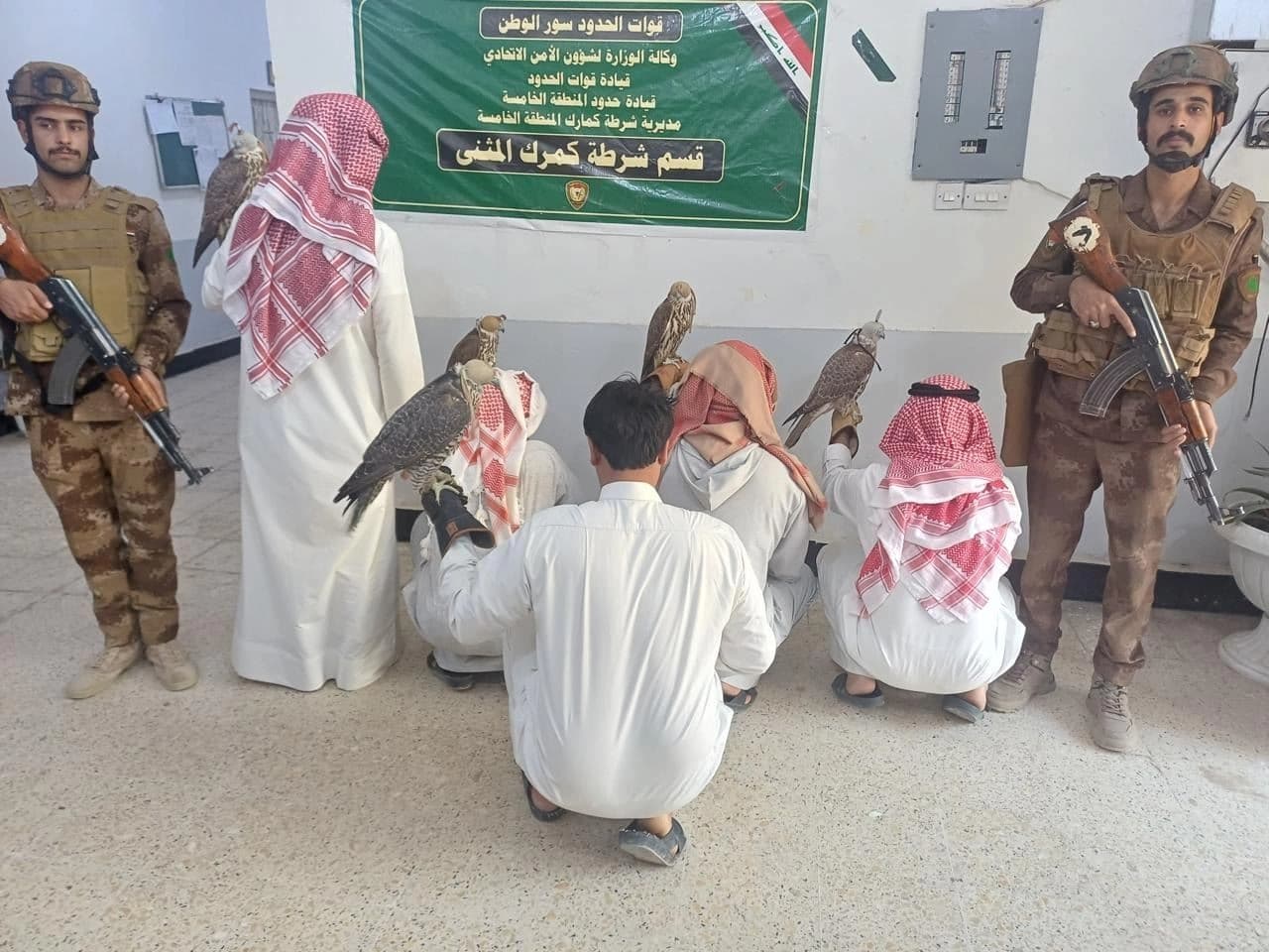 Five hunters, including four Kuwaiti nationals, were arrested by Iraqi security forces in the southern deserts of Muthanna province on charges of illegal hunting. Photo: Iraq's interior ministry.