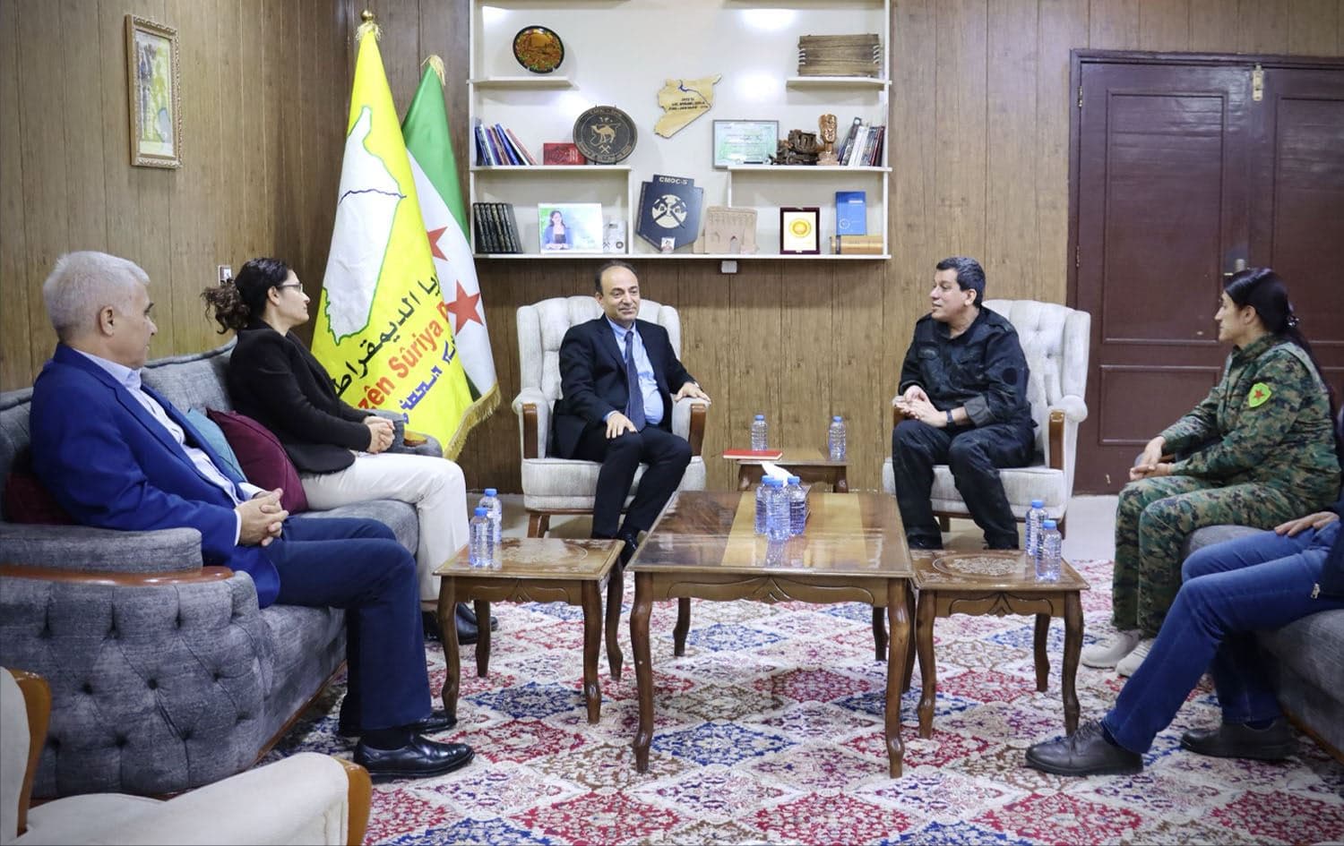 Veteran Kurdish politician Osman Baydemir (third from left) meets with SDF Commander Mazloum Abdi (second from right) and other officials in northeast Syria (Rojava) on Friday. Photo: Mazloum Abdi/X