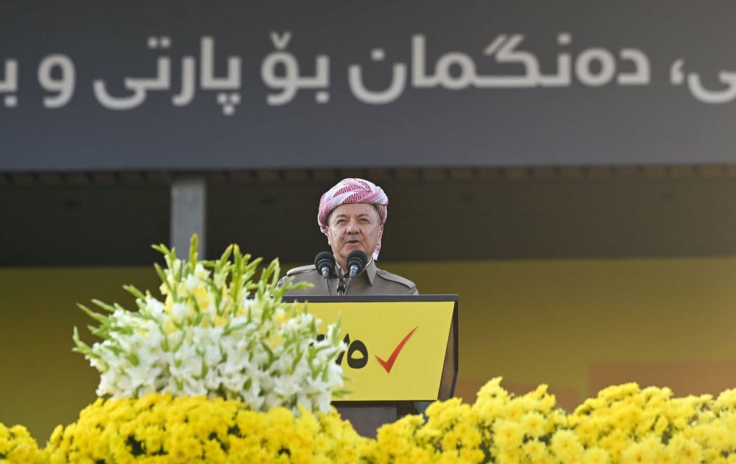 President Masoud Barzani, and leader of the Kurdistan Democratic Party (KDP), speaking during a campaign rally in Erbil on November 7, 2025. Photo: Bilind T. Abdullah/Rudaw