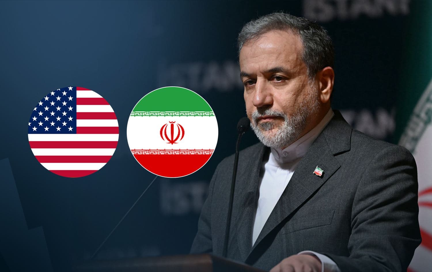 Iranian Foreign Minister Abbas Araghchi and flags of US and Iran. Graphic: Rudaw 