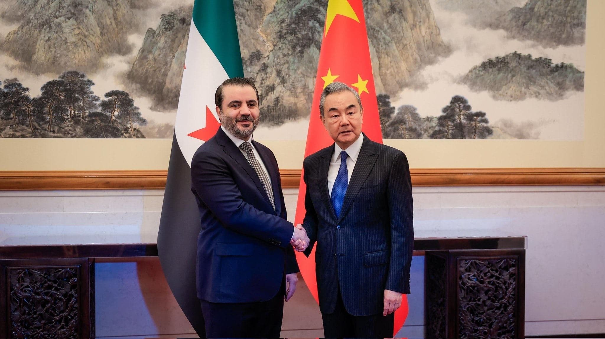 Syrian Foreign Minister Asaad al-Shaibani meets with Chinese Foreign Minister Wang Yi in Beijing on November 17, 2025. Photo: Syrianmofaex/X