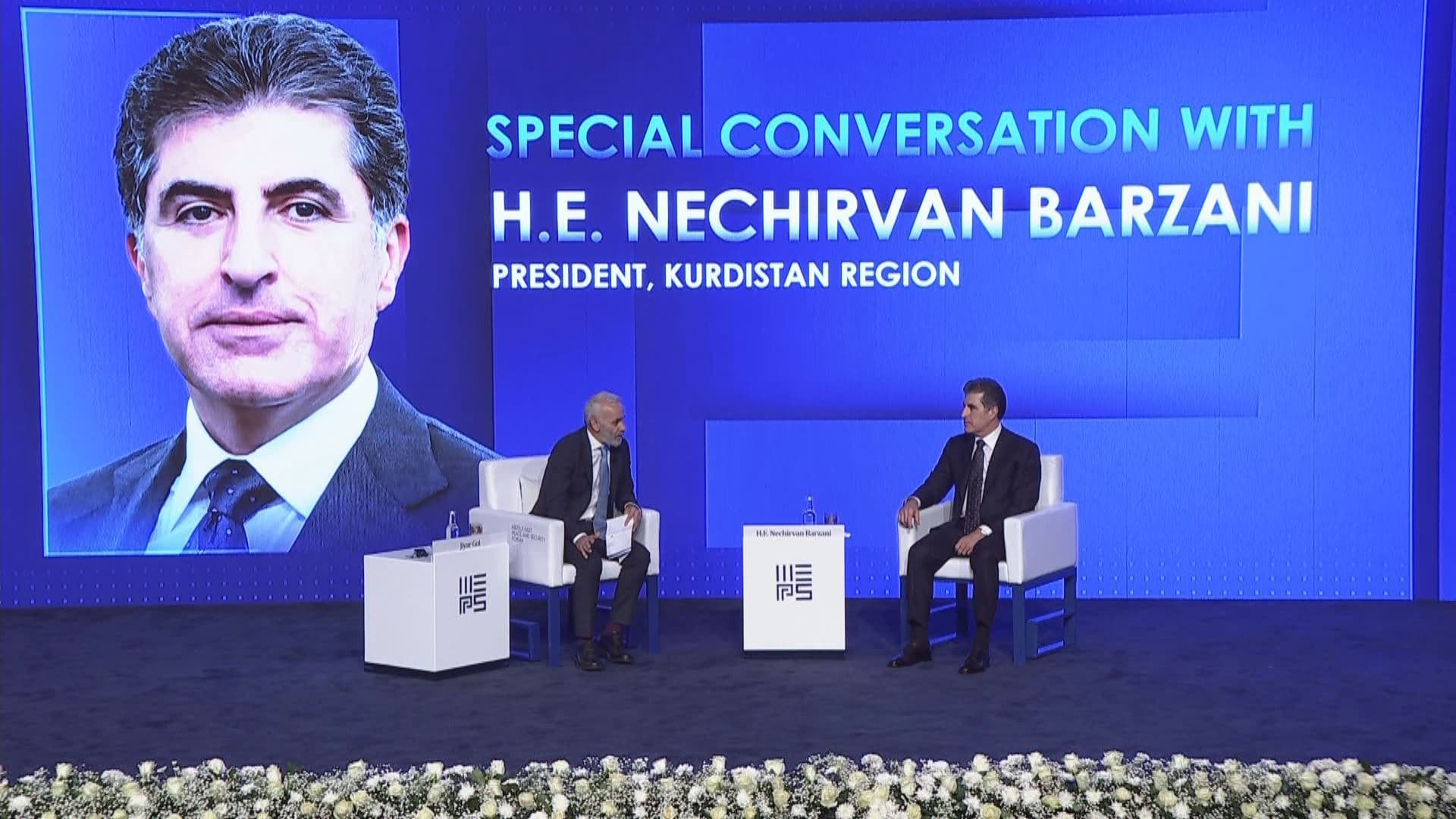 Kurdistan Region President Nechirvan Barzani speaking at MEPS in Duhok on November 18, 2025. 