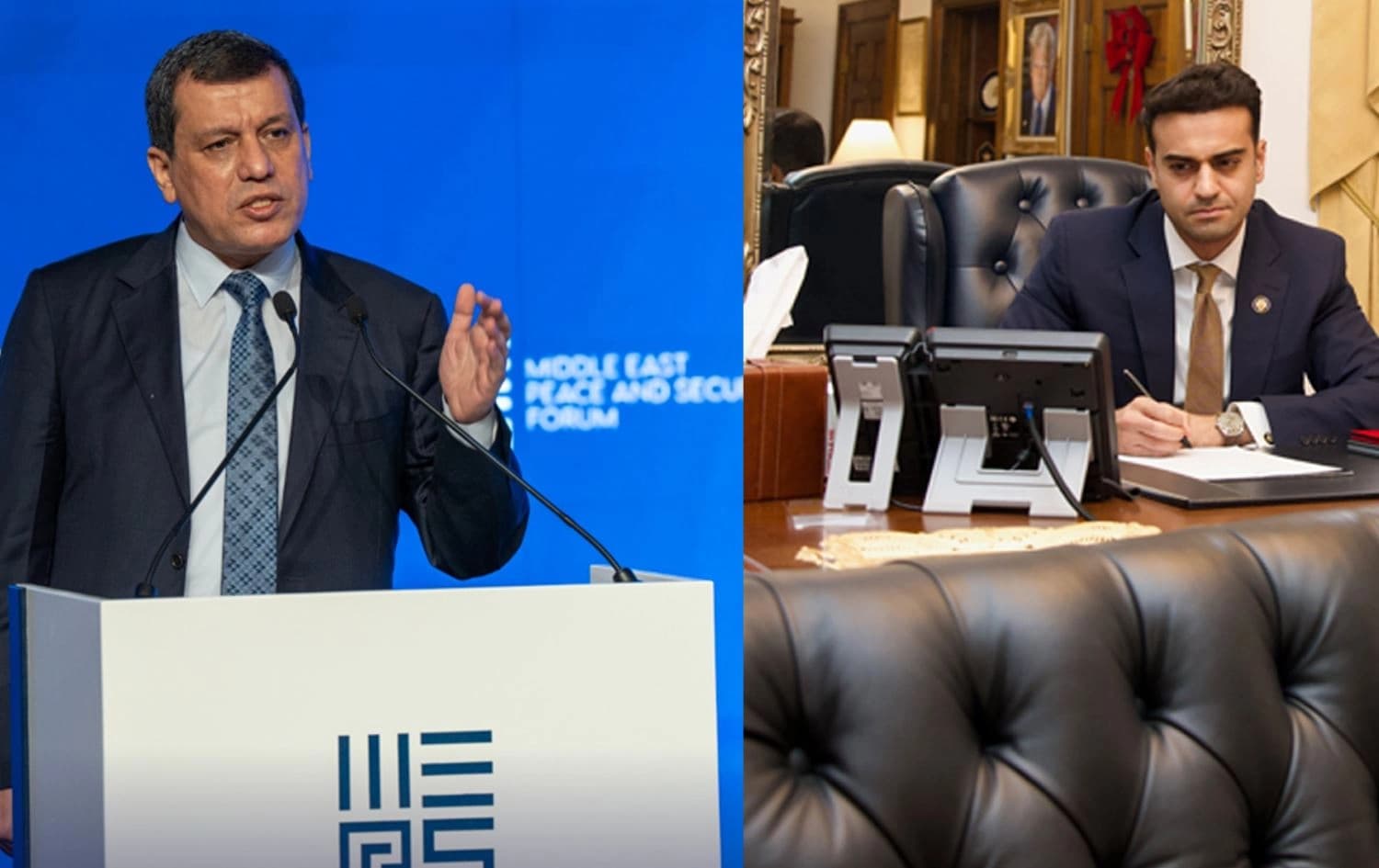 SDF chief Mazloum Abdi at MEPS forum in Duhok in November 2025, and Congressman Abe Hamadeh holding an online meeting with Abdi on November 21, 2025. Graphic: Rudaw 