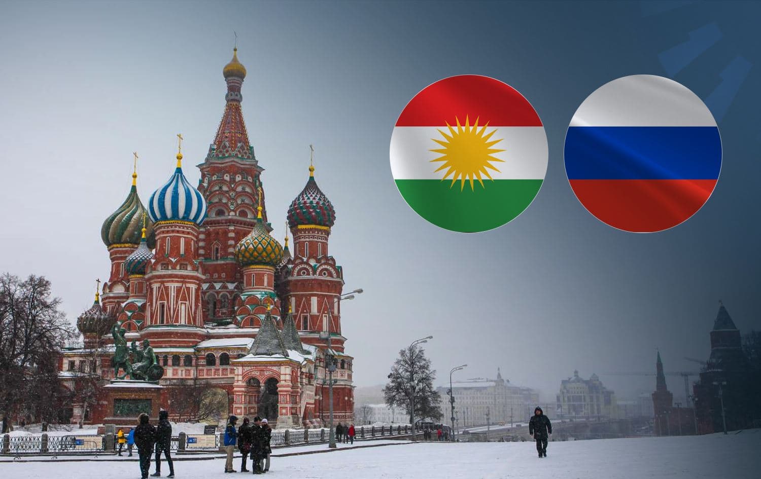 A file photo of Moscow and flags of Kurdistan and Russia. Graphic: Rudaw 