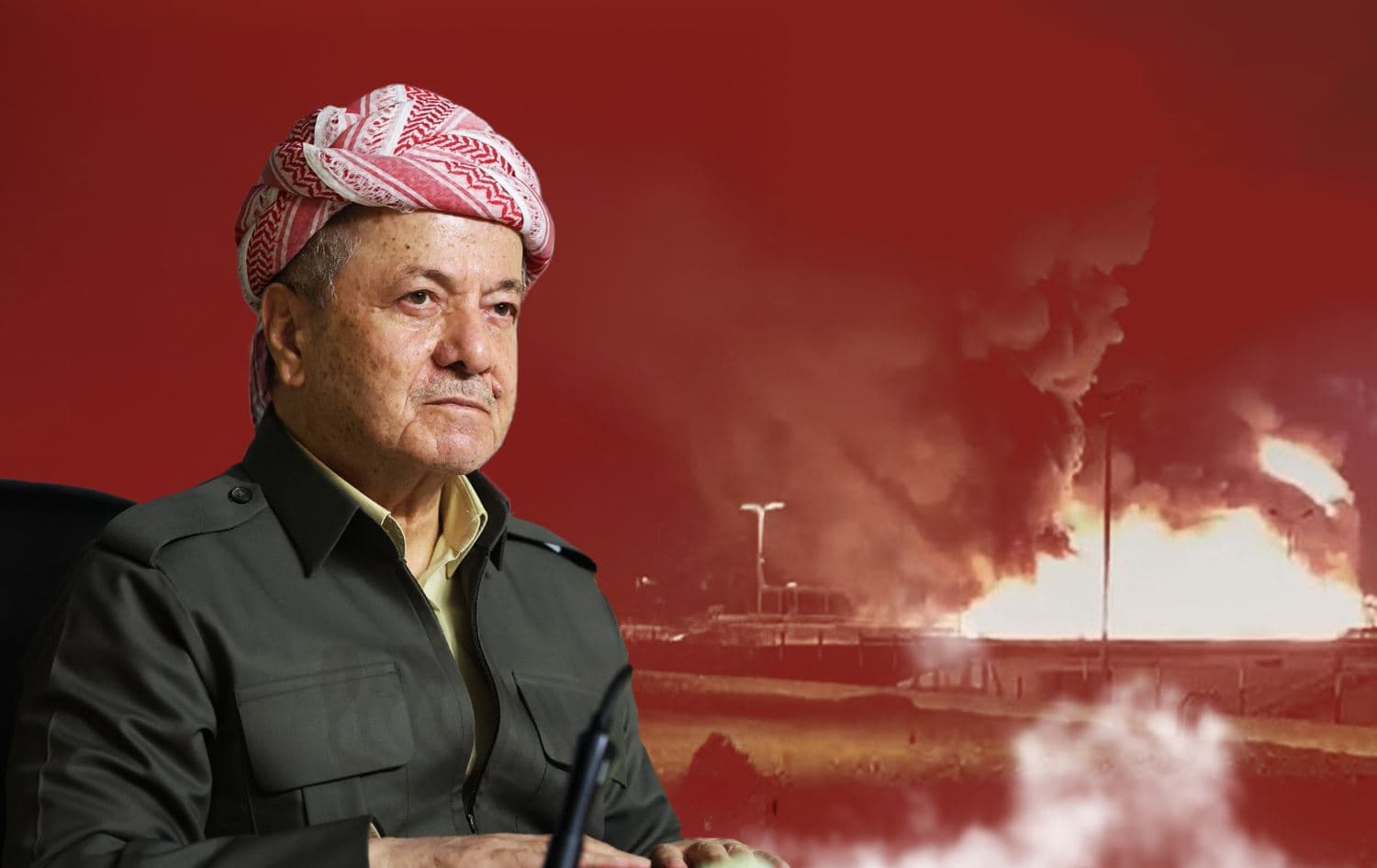 President Masoud Barzani and fire caused by drone attack on Sulaimani's Khor Mor gas field. Graphic: Rudaw 