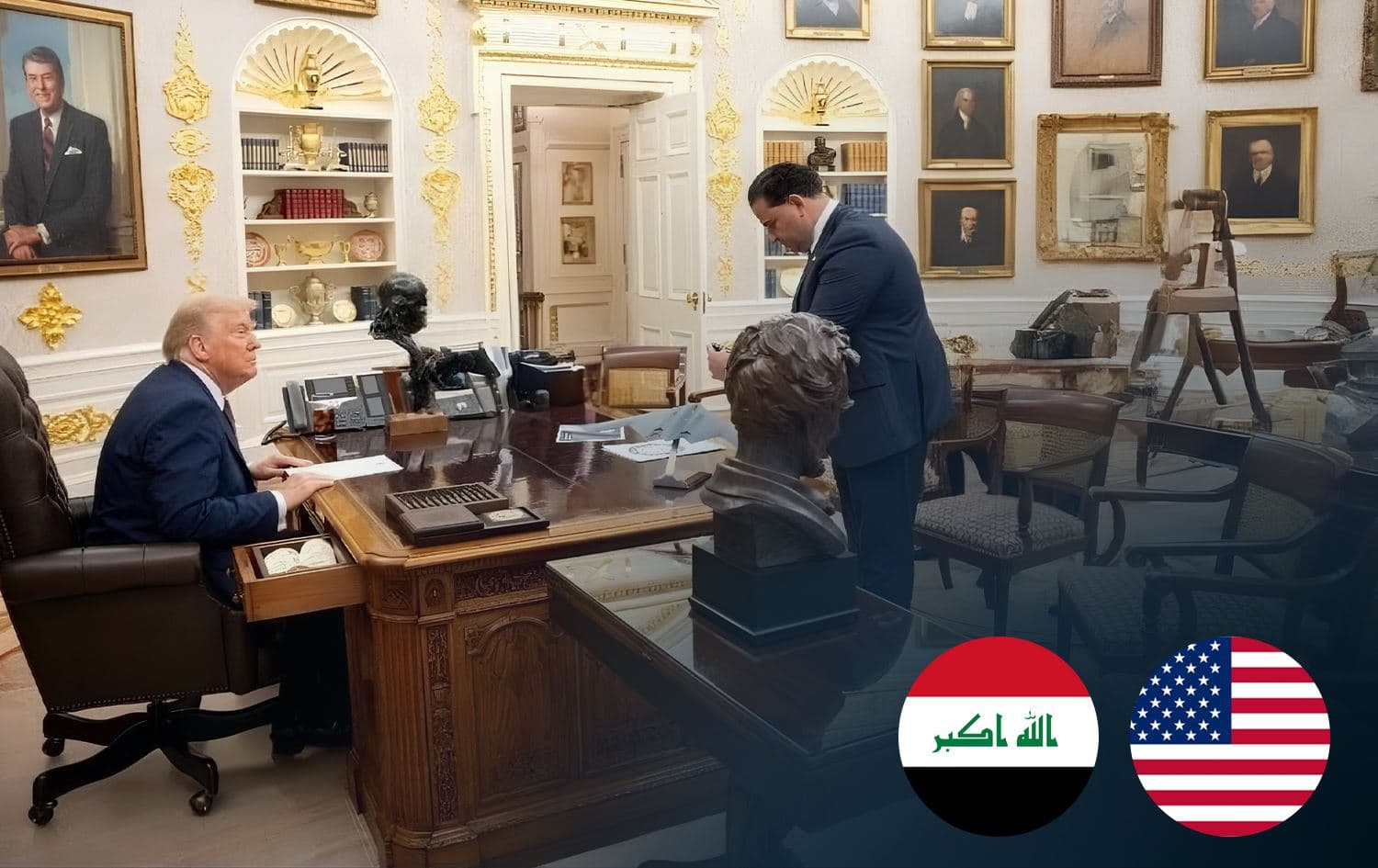 US President Donald Trump (left) and his special envoy to Iraq, Mark Savaya, at the White House [credit: Mark Savaya/X], and flags of US and Iraq. Graphic: Rudaw