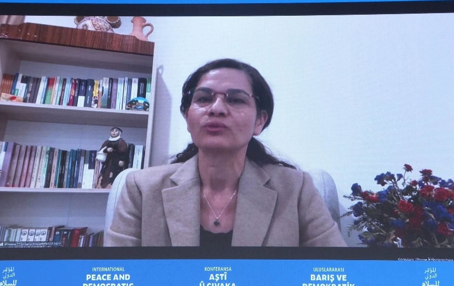 Ilham Ahmad, co-chair of northeast Syria (Rojava) foreign relations office, speaking at a peace forum in Istanbul on December 6, 2025. Photo: screengrab/Rudaw