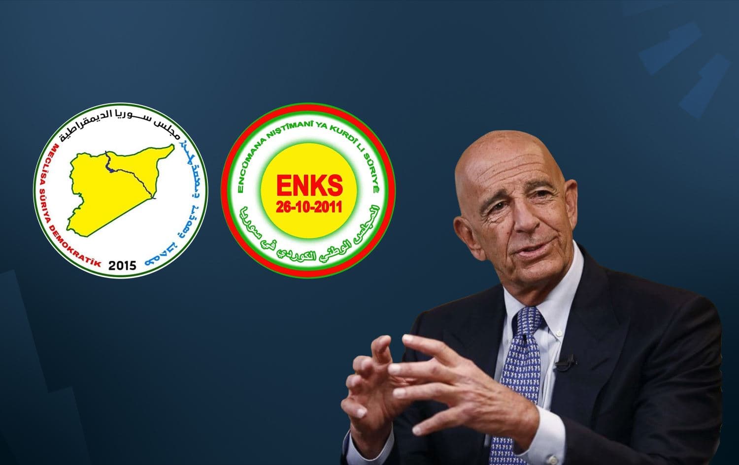 From left: logos of SDC, ENKS and a file photo of US Special Envoy for Syria Tom Barrack. Graphic: Rudaw 