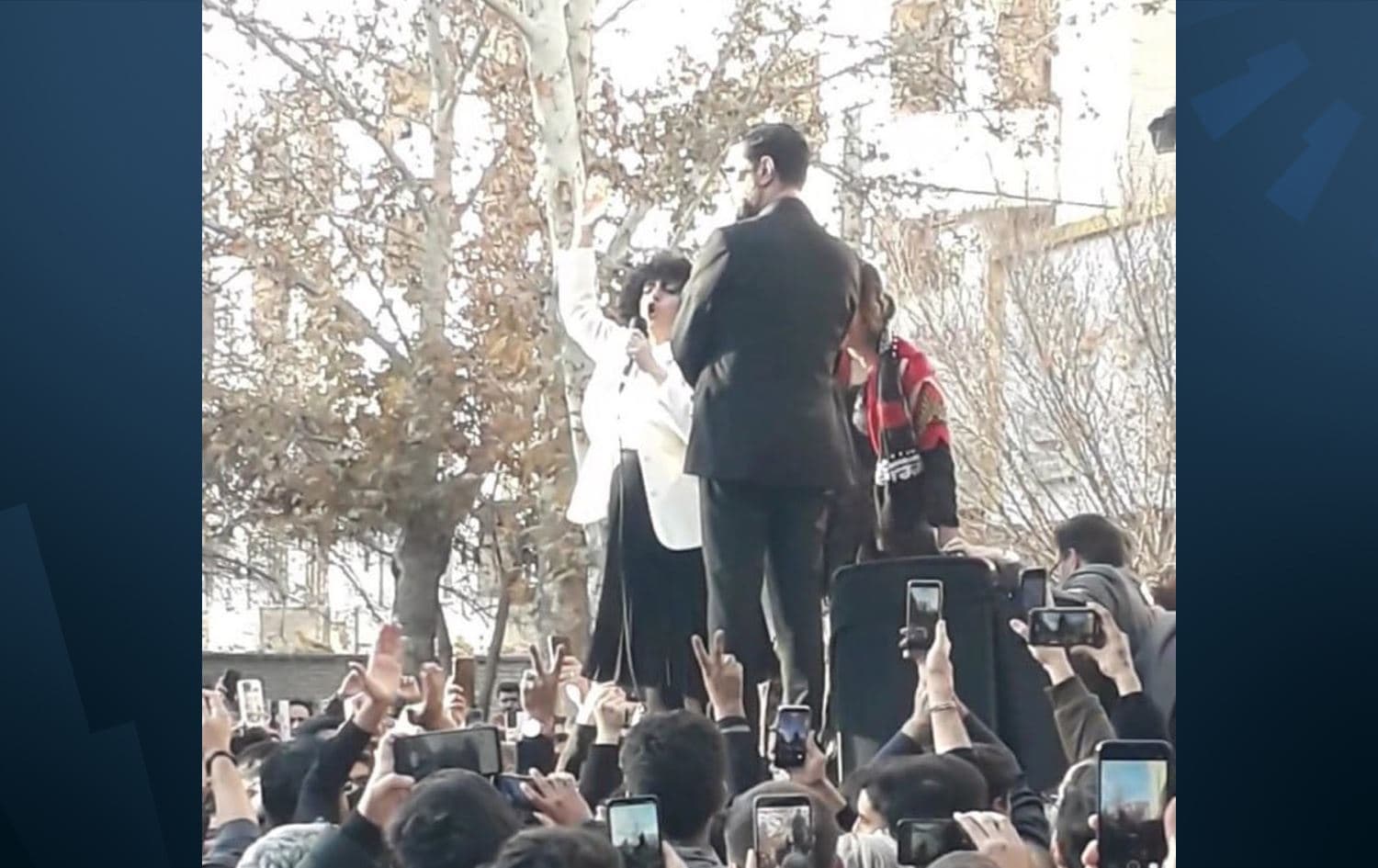 Footage that purportedly shows Narges Mohammadi, a women’s rights advocate, at a memorial in Mashhad city, Razavi Khorasan provice on December 12, 2025. Photo: screengrab / Narges Mohammadi / X