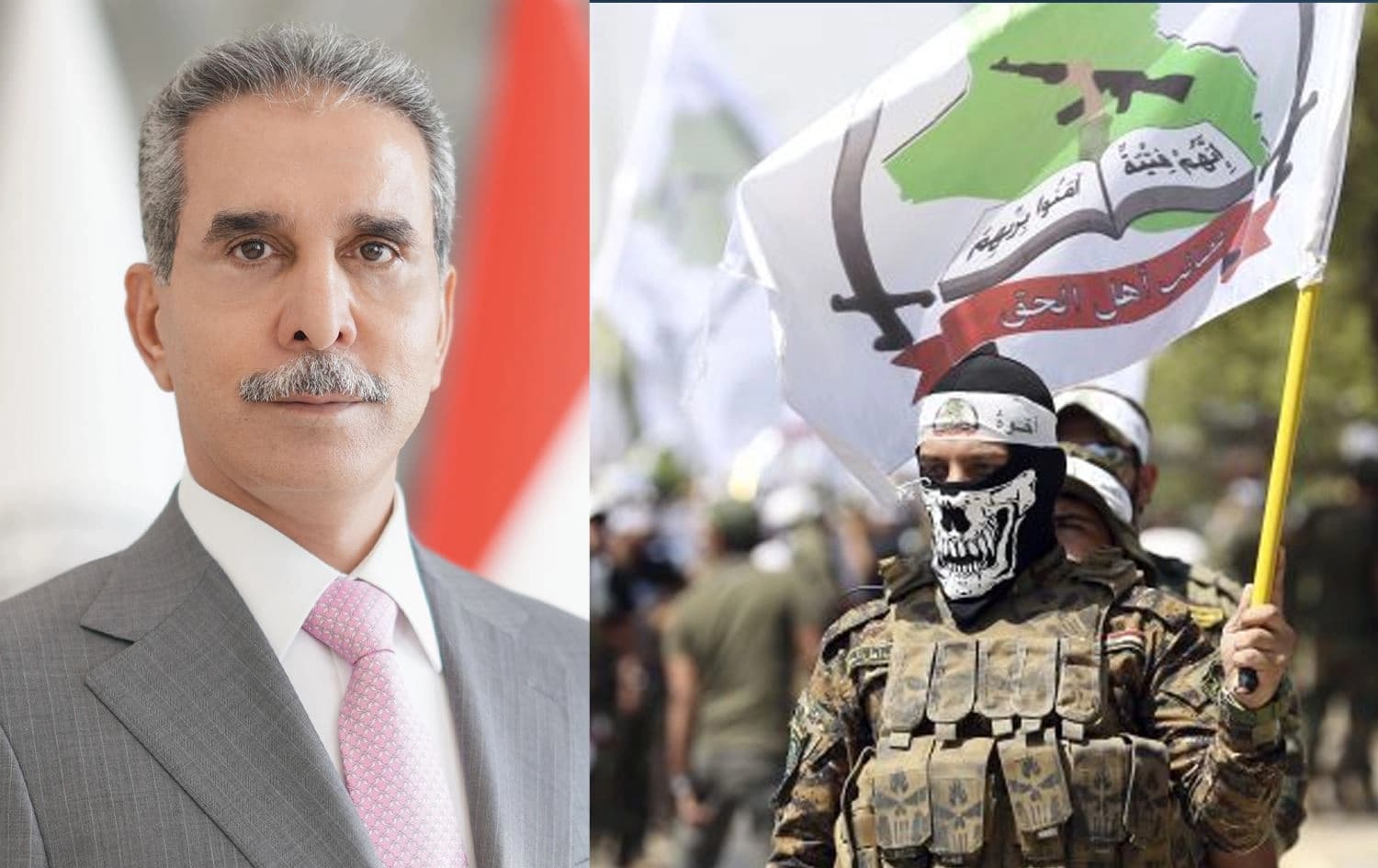 File photo of Iraq's Supreme Judicial Council President Faiq Zidan (left) and a file photo of Asa’ib Ahl al-Haq fighters (right). Photos: Zidan's office and AP. Graphic: Rudaw