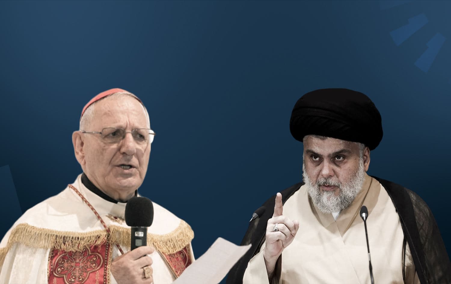 Patriarch of the Chaldean Catholic Church Cardinal Louis Raphael Sako (left), and Iraqi Shiite cleric Muqtada al-Sadr.. Graphic: Rudaw English
