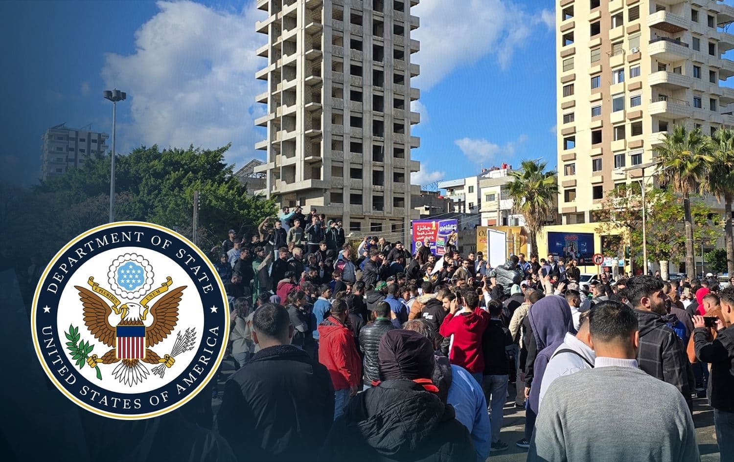 US State Department logo and protests in Syria's costal areas. Graphic: Rudaw