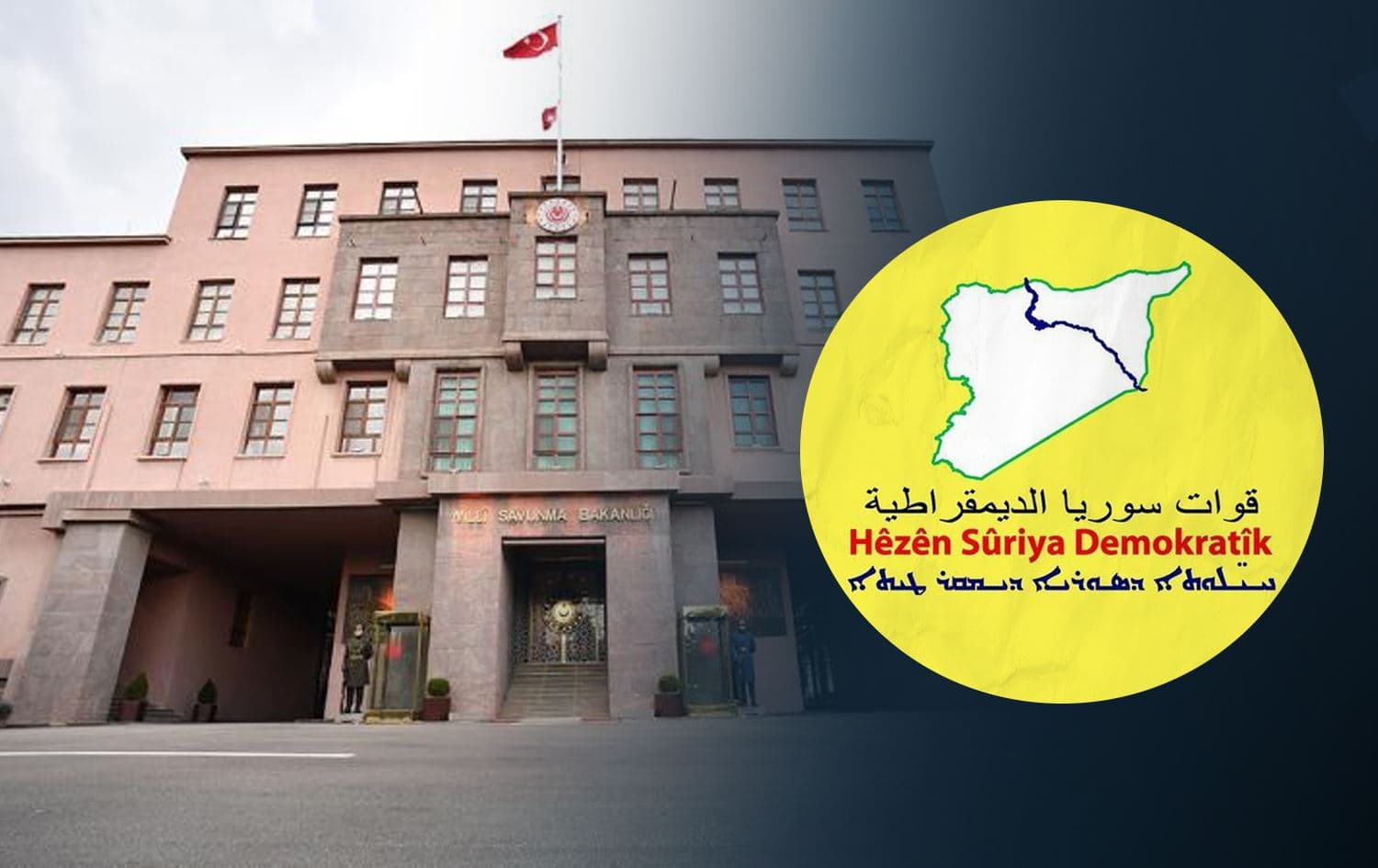 Turkish defense ministry headquarters in Ankara and SDF logo. Graphic: Rudaw 