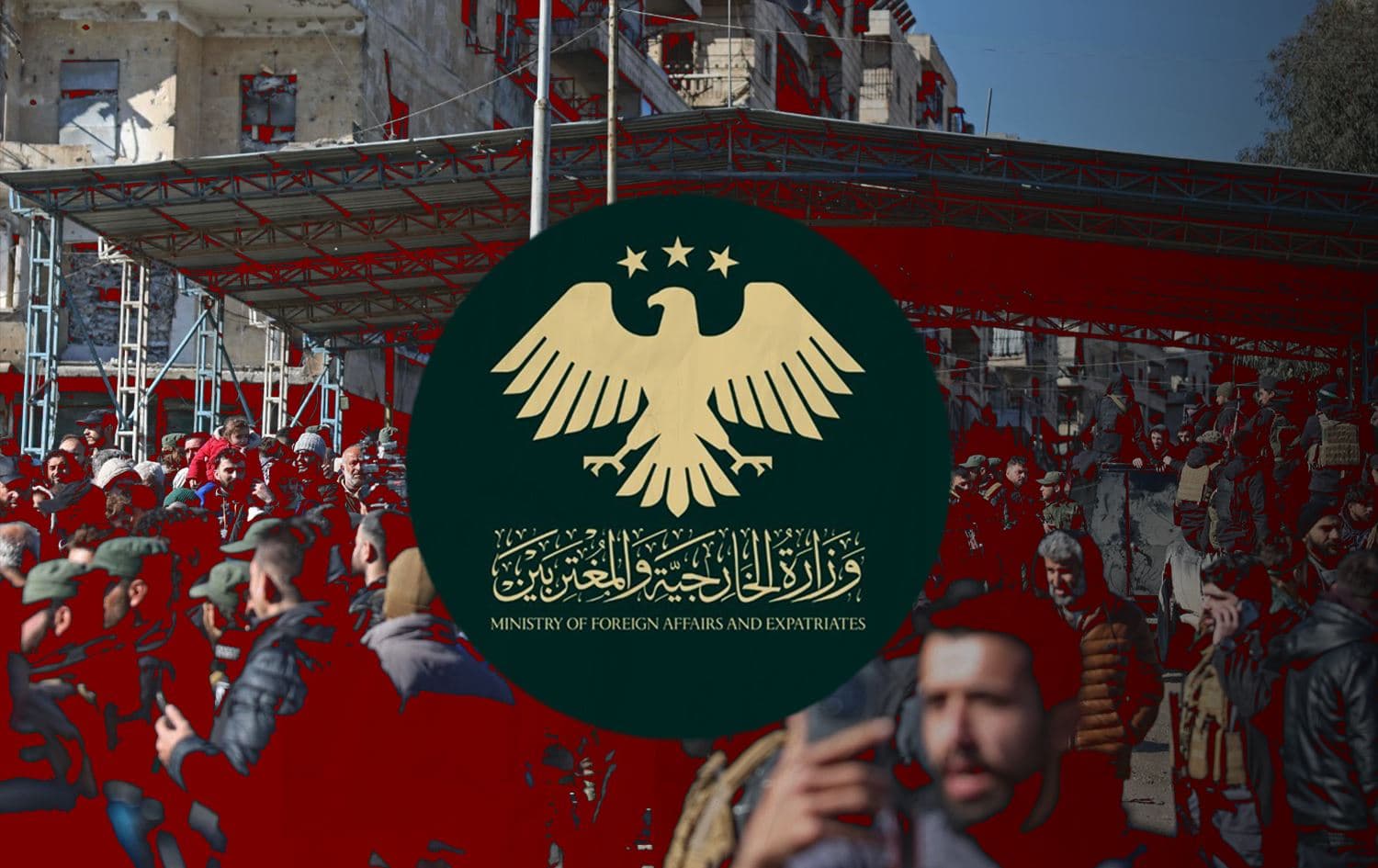 Syrian foreign ministry logo and photo of people leaving Kurdish quarters in Aleppo. Graphic: Rudaw