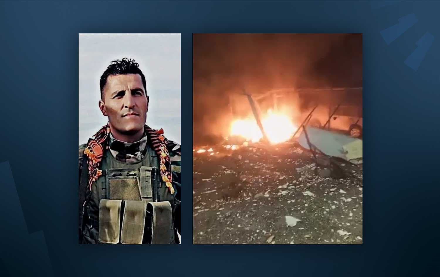 Mozaffar Mohammadzada (Nabaz), a fighter of the Kurdistan Freedom's Party (PAK) Kurdistan National Army, allegedly killed in an Iranian attack on January 21, 2026, along with a photo of the aftermath of the attack. Photo: PAK