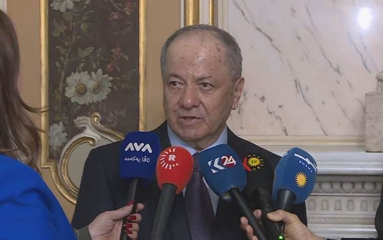 President Masoud Barzani speaks to Rudaw on the sidelines of an official visit to Italy on January 22, 2026. Photo: Screengrab/Rudaw