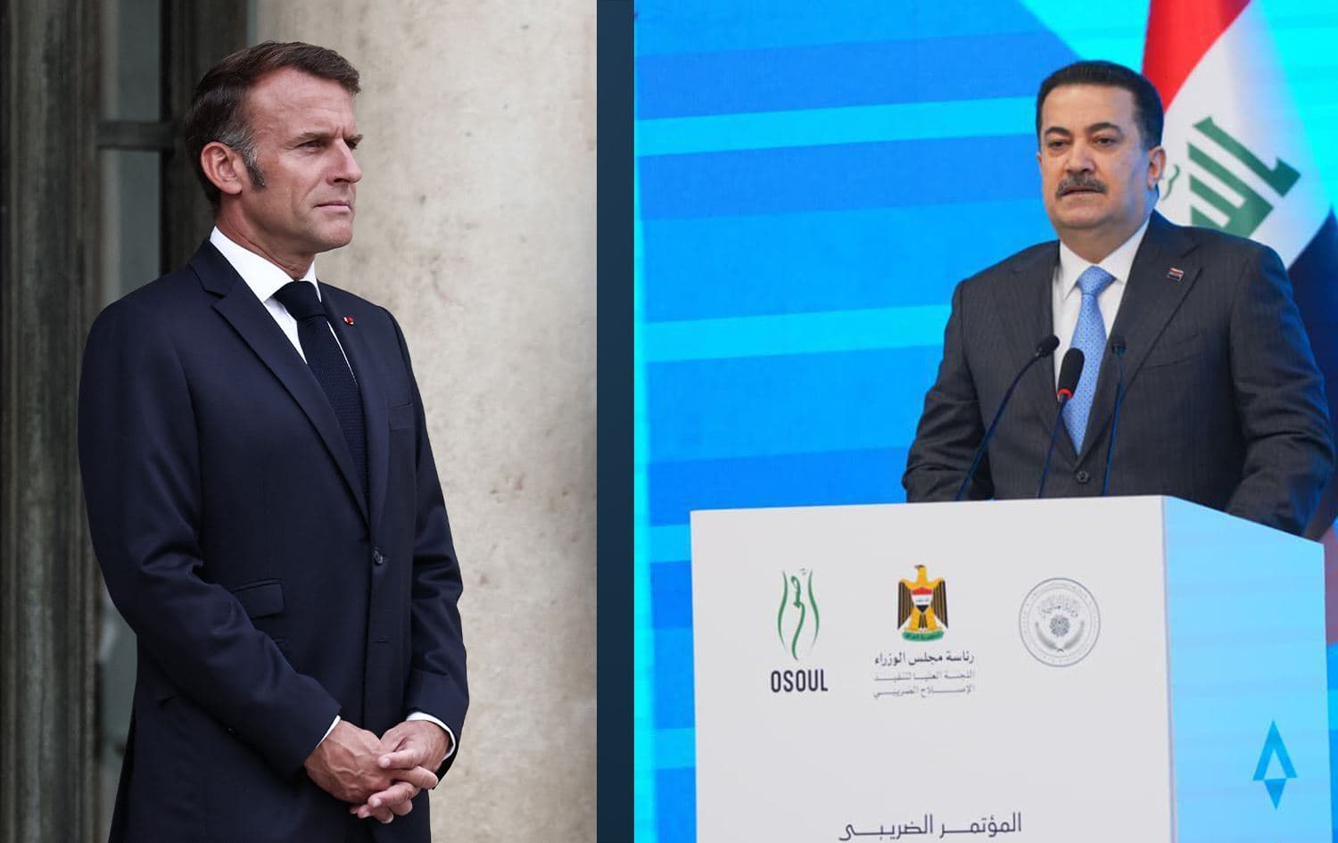 French President Emmanuel Macron (left) and Iraqi PM Mohammed Shia' al-Sudani (right). Photos: Macron's and Sudani's offices.