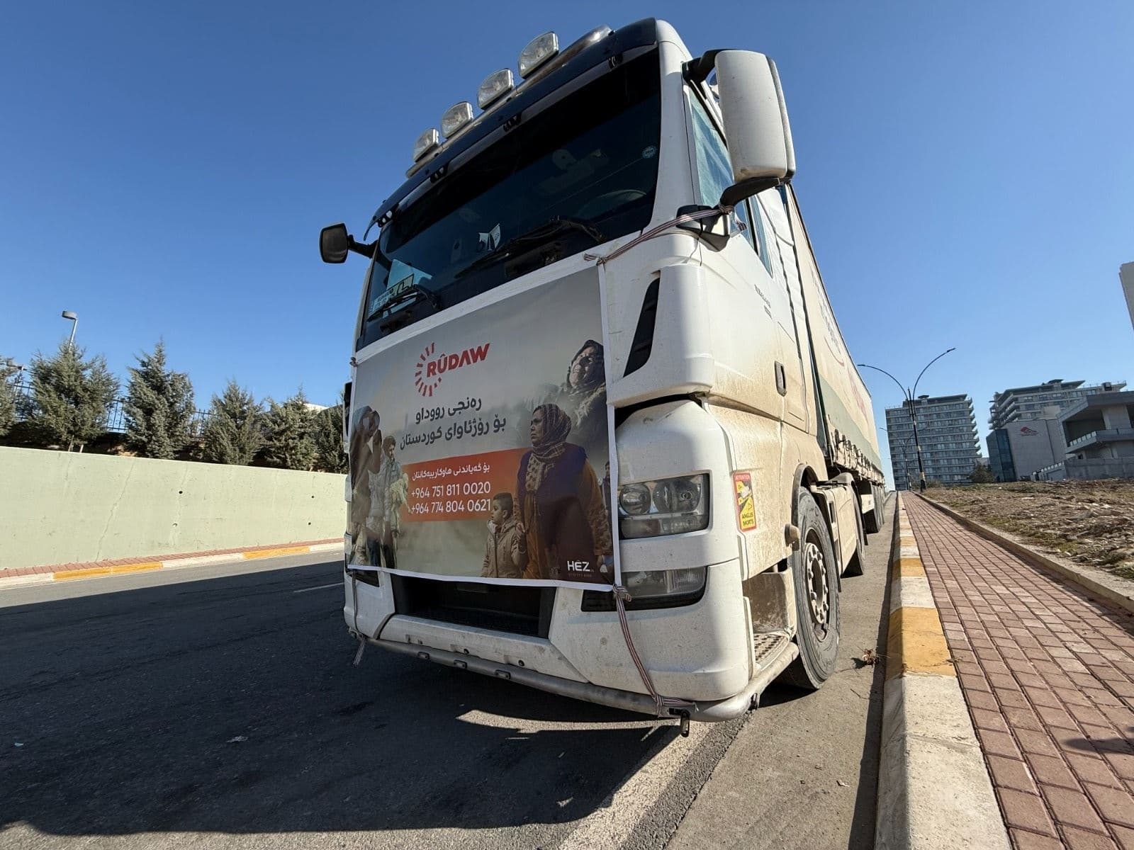A truck loaded with aid from a Rudaw-organized fundraising campaign for Rojava stands ready for dispatch to northeastern Syria’s Kurdish region. Photo: Bilind T. Abdullah/Rudaw