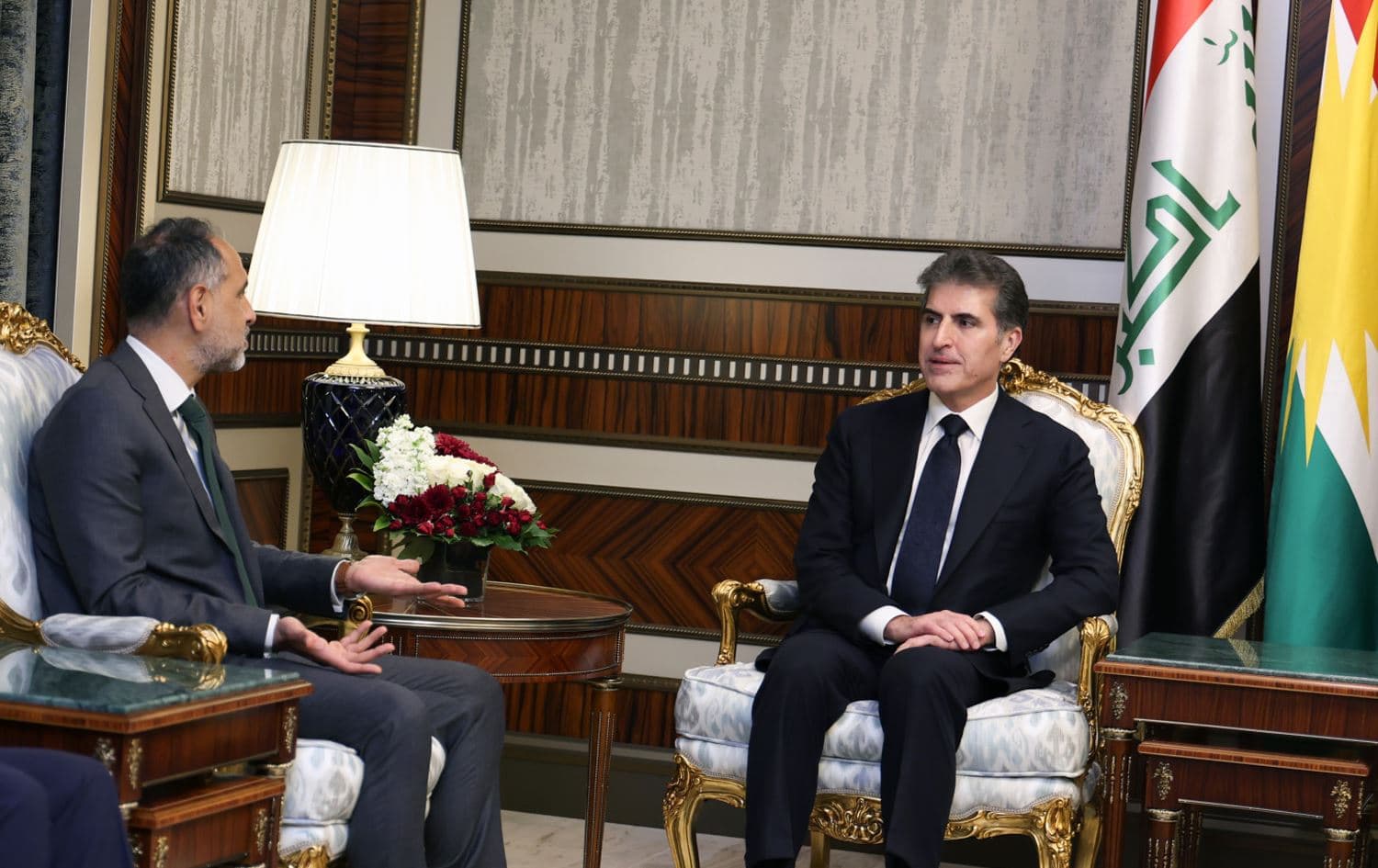 Kurdistan Region President Nechirvan Barzani (right) in a meeting with British Ambassador to Iraq Irfan Siddiq (left) in Erbil on February 2, 2025. Photo: Kurdistan Region Presidency