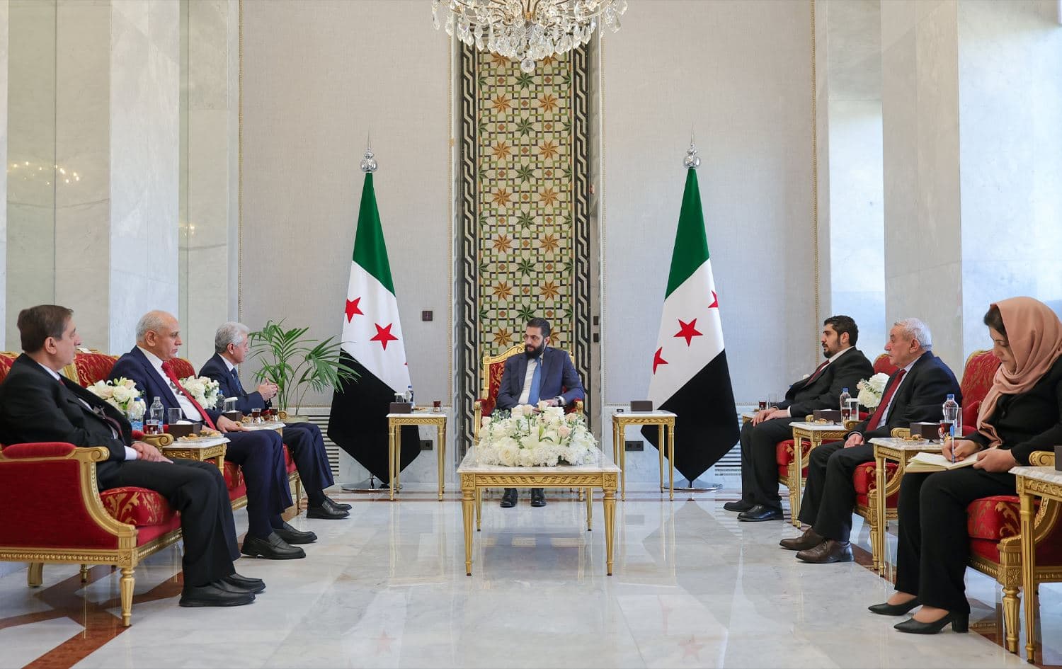 Syrian interim President Ahmed al-Sharaa, in a meeting with a high-level delegation from the Kurdish National Council (ENKS/KNC) in Damascus on February 3, 2025. Photo: Syrian Presidency 