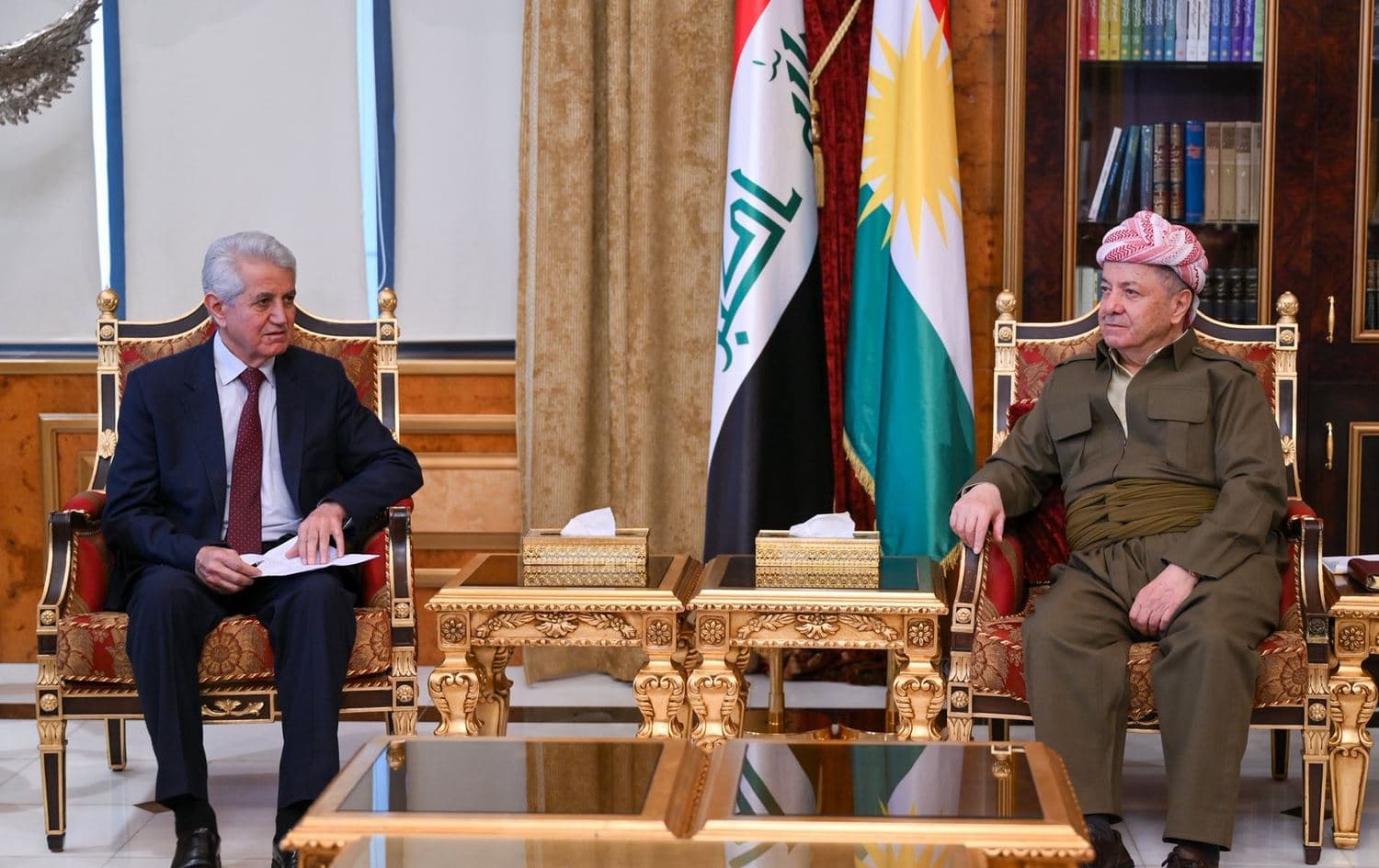 President Masoud Barzani (right) and ENKS President Mohammed Ismail (left) in a meeting in Pirmam, Erbil, on February 9, 2026. Photo: Barzani Headquarters