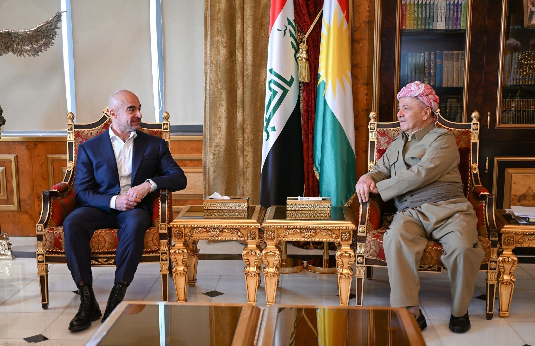 President Masoud Barzani (right) in a meeting with Bafel Talabani, leader of the PUK in Pirmam, Erbil, in late September 2025. Photo: Barzani Headquarters