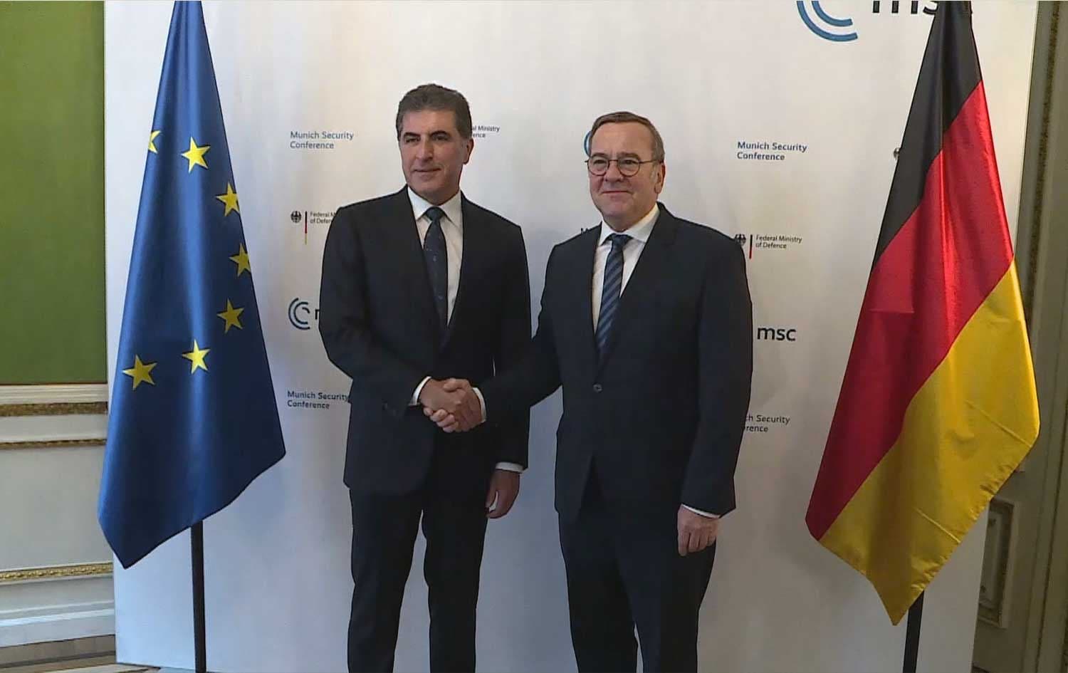 Kurdistan Region President Nechirvan Barzani (left) meets with German Defence Minister Boris Pistorius in Munich on February 12, 2026. Photo: Screengrab/Rudaw