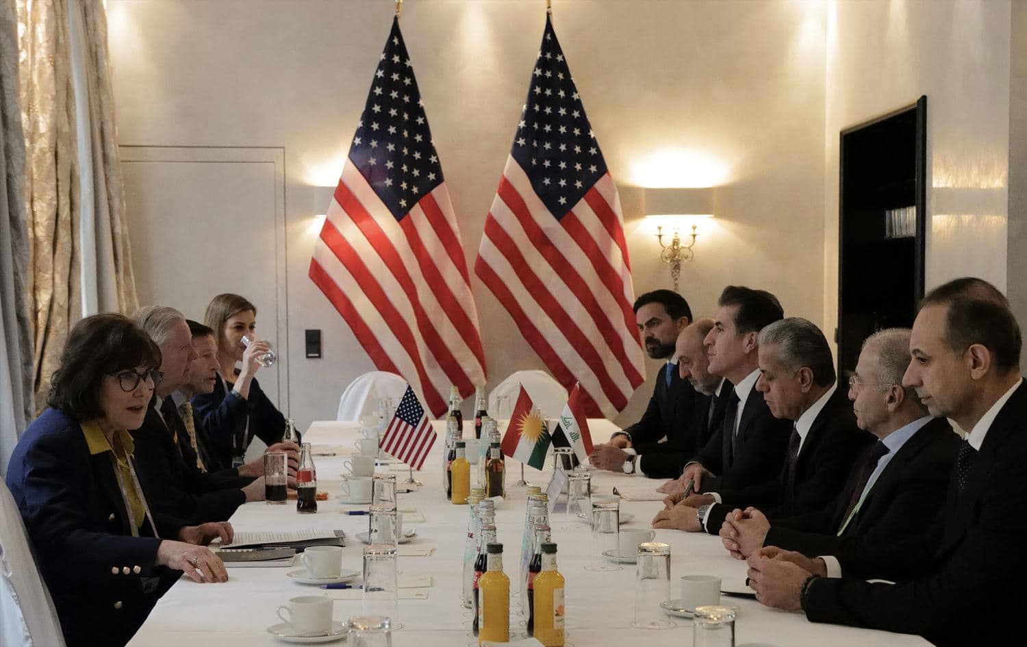 Kurdistan Region President Nechirvan Barzani and his accompanying delegation (right) in a meeting with a US Congress delegation (left), holding a meeting in Munich on February 14, 2026. Photo: Kurdistan Region Presidency