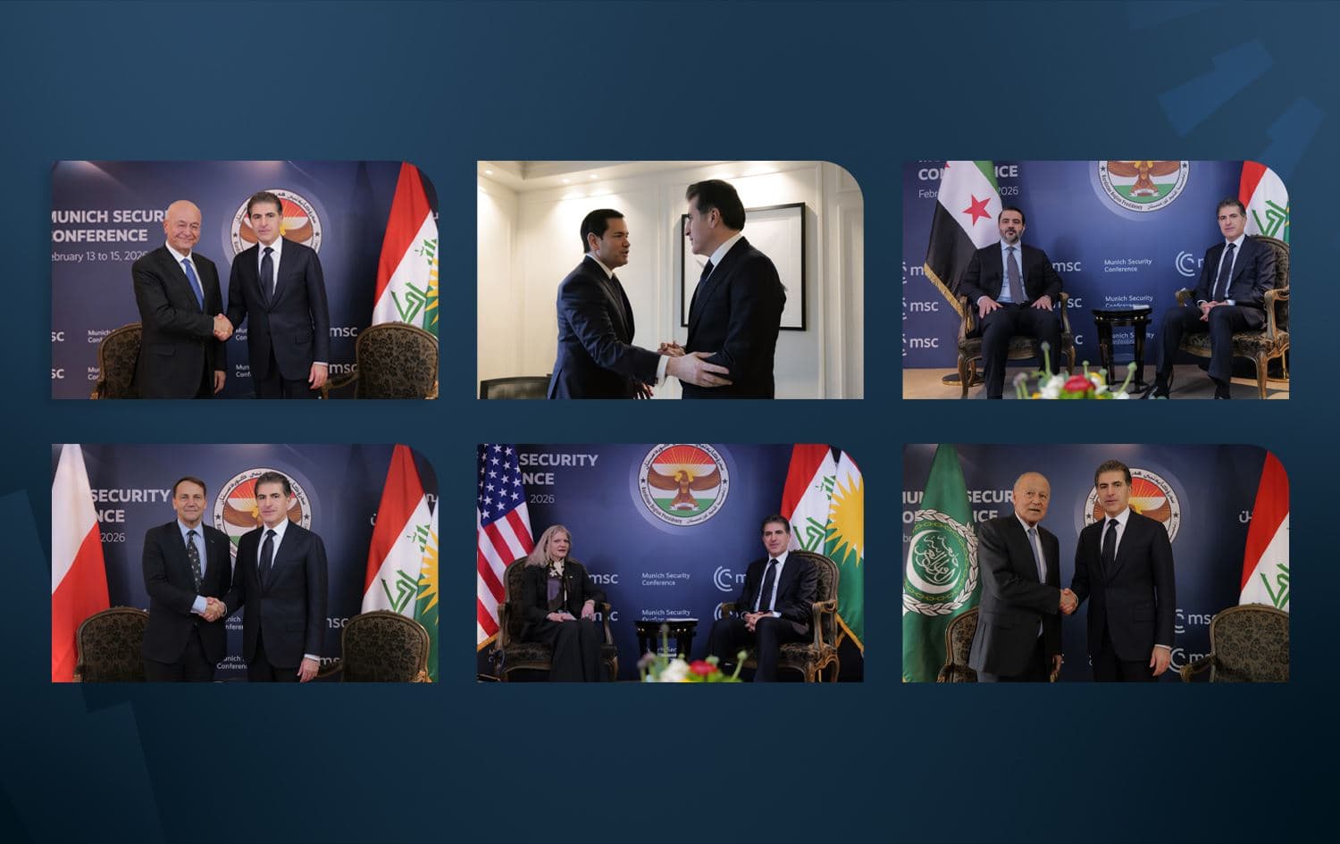 Kurdistan Region President Nechirvan Barzani meets with world leaders on the sidelines of Munich security conference on February 14, 2026. Graphic: Rudaw
