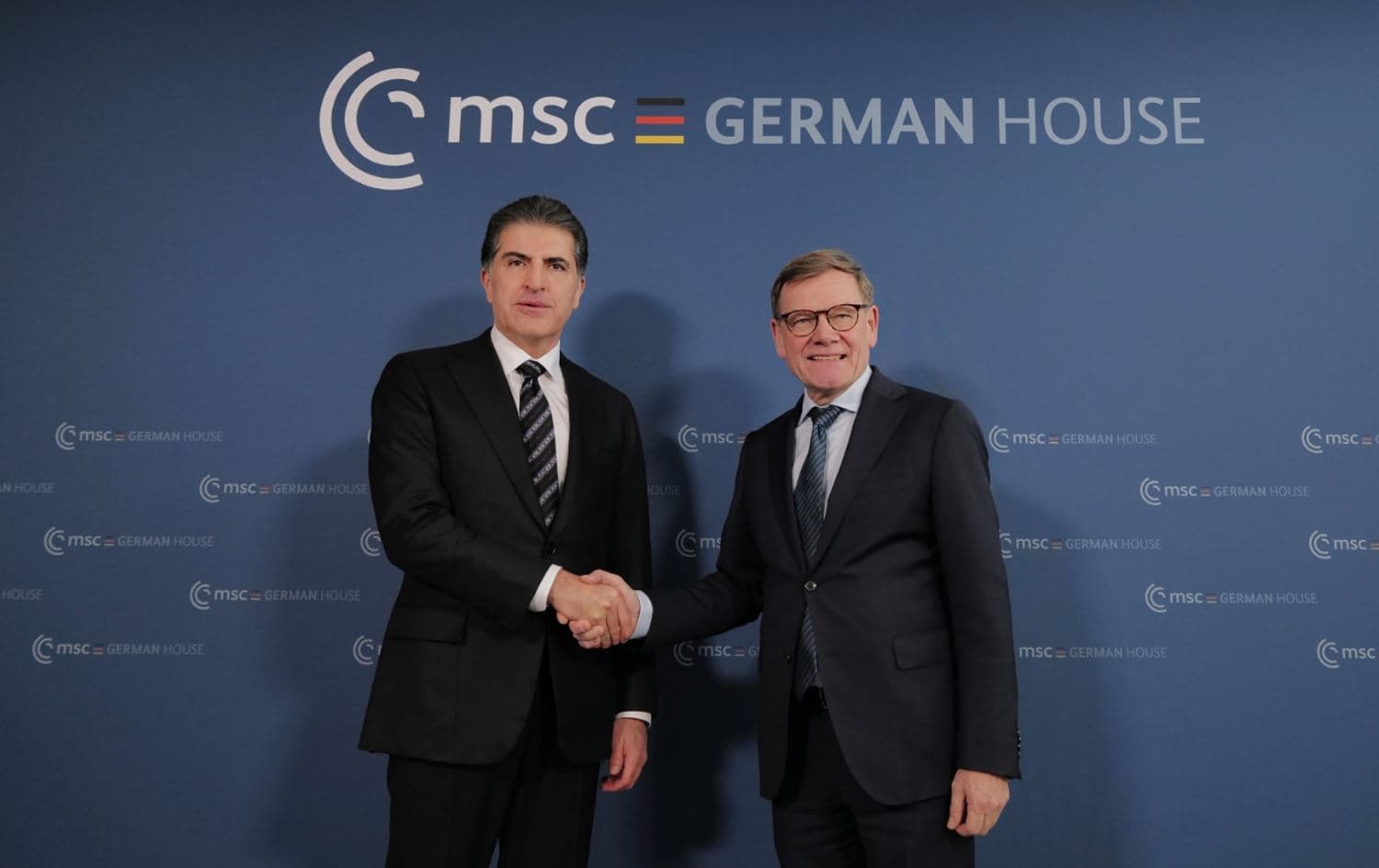 Kurdistan Region President Nechirvan Barzani (left) and Johann Wadephul, Federal Minister for Foreign Affairs of Germany, shake hands on the sidelines of Munich Security Conference on February 15, 2026. Photo: Kurdistan Region Presidency