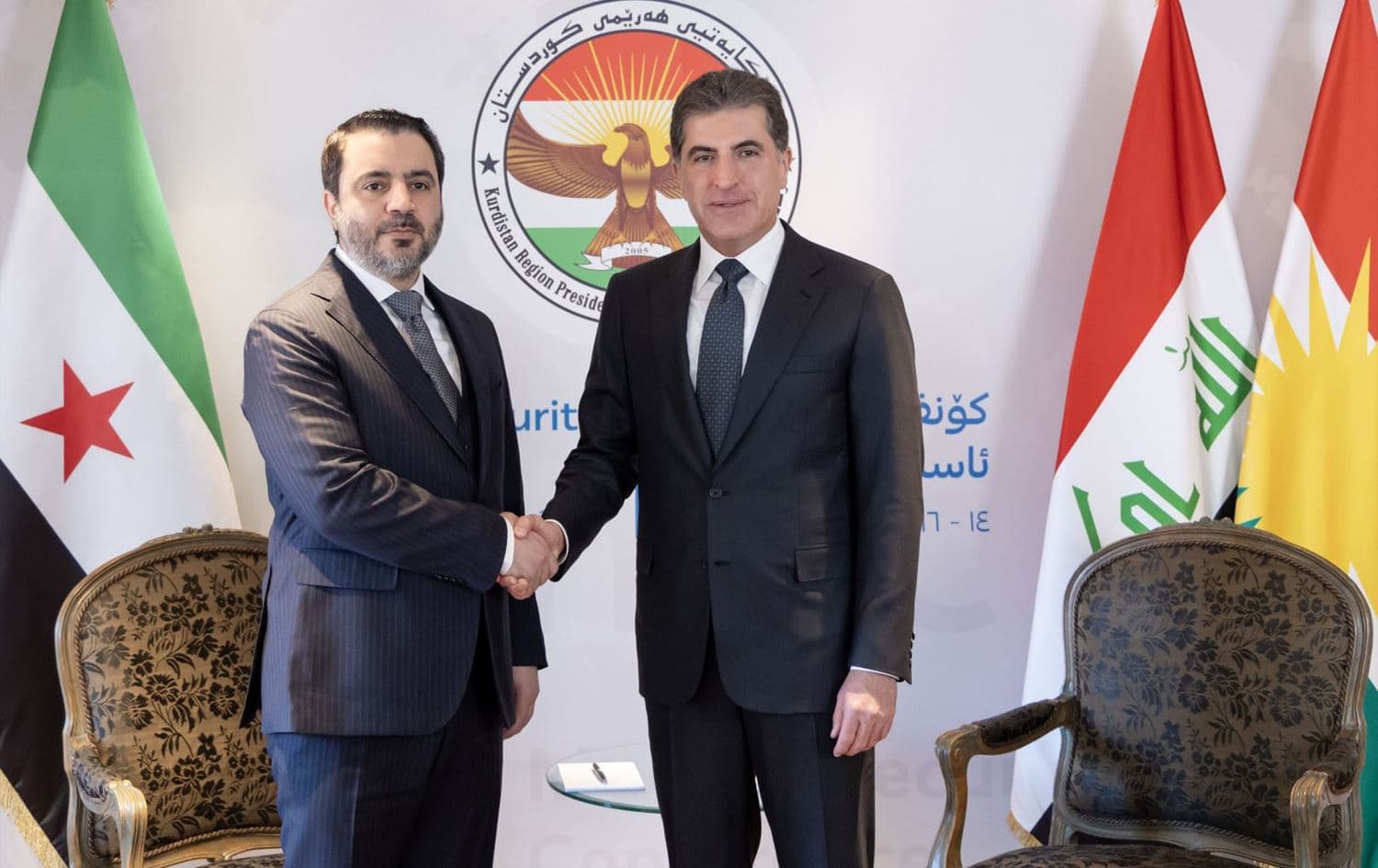 Kurdistan Region President Nechirvan Barzani (right) and Syrian Foreign Minister Asaad al-Shaibani (left). File photo: Kurdistan Region Presidency