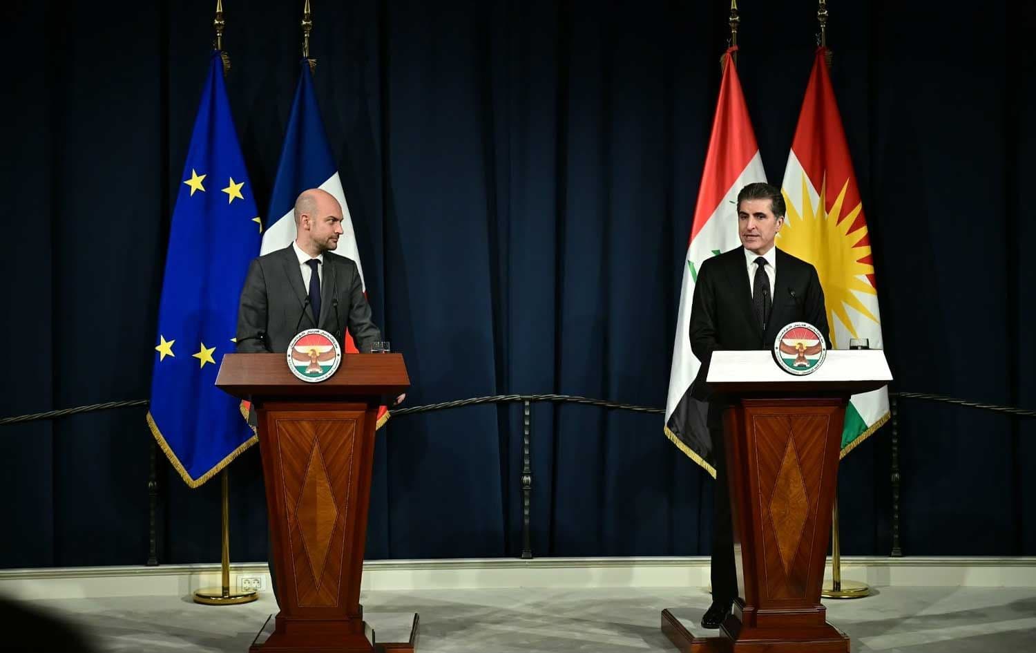 French Foreign Minister Jean-Noel Barrot's joint press conference with Kurdistan Region President Nechirvan Barzani in Erbil on February 5, 2026. File photo: Rudaw