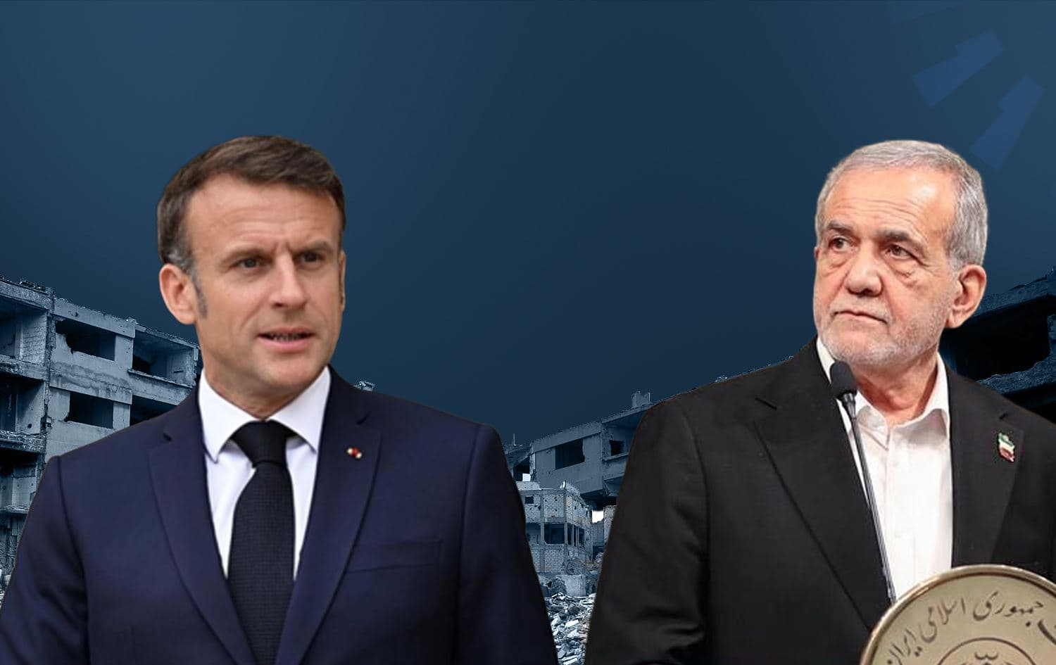 French President Emmanuel Macron (left) and his Iranian counterpart Masoud Pezeshkian (right). Graphic: Rudaw