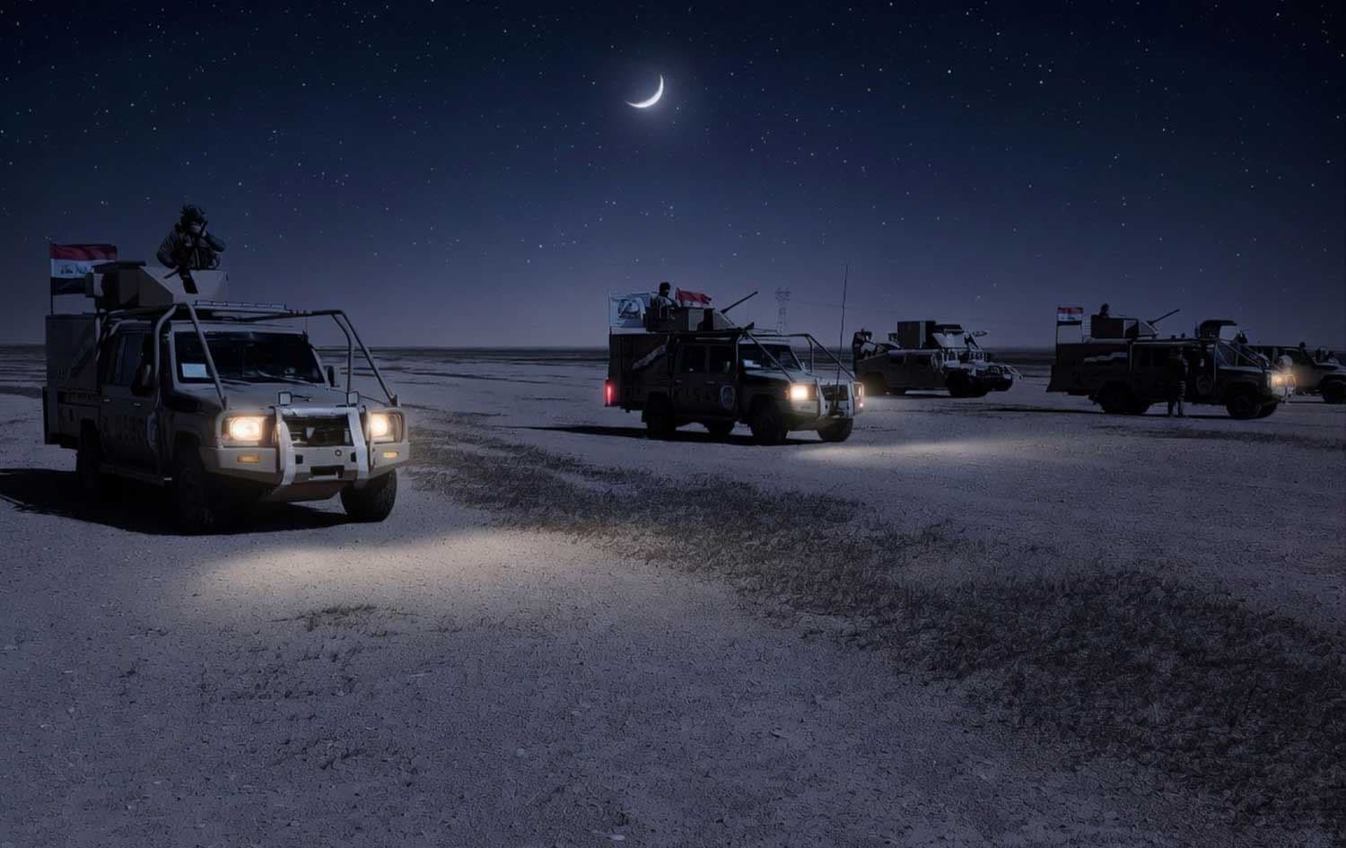 هێزێکی حەشدی شەعبی لە ئەنبار؛ وێنە راستەقینەکە لە رۆژدا گیراوە، بەڵام بە ژیریی دەستکرد گۆڕدراوە بۆ شەو