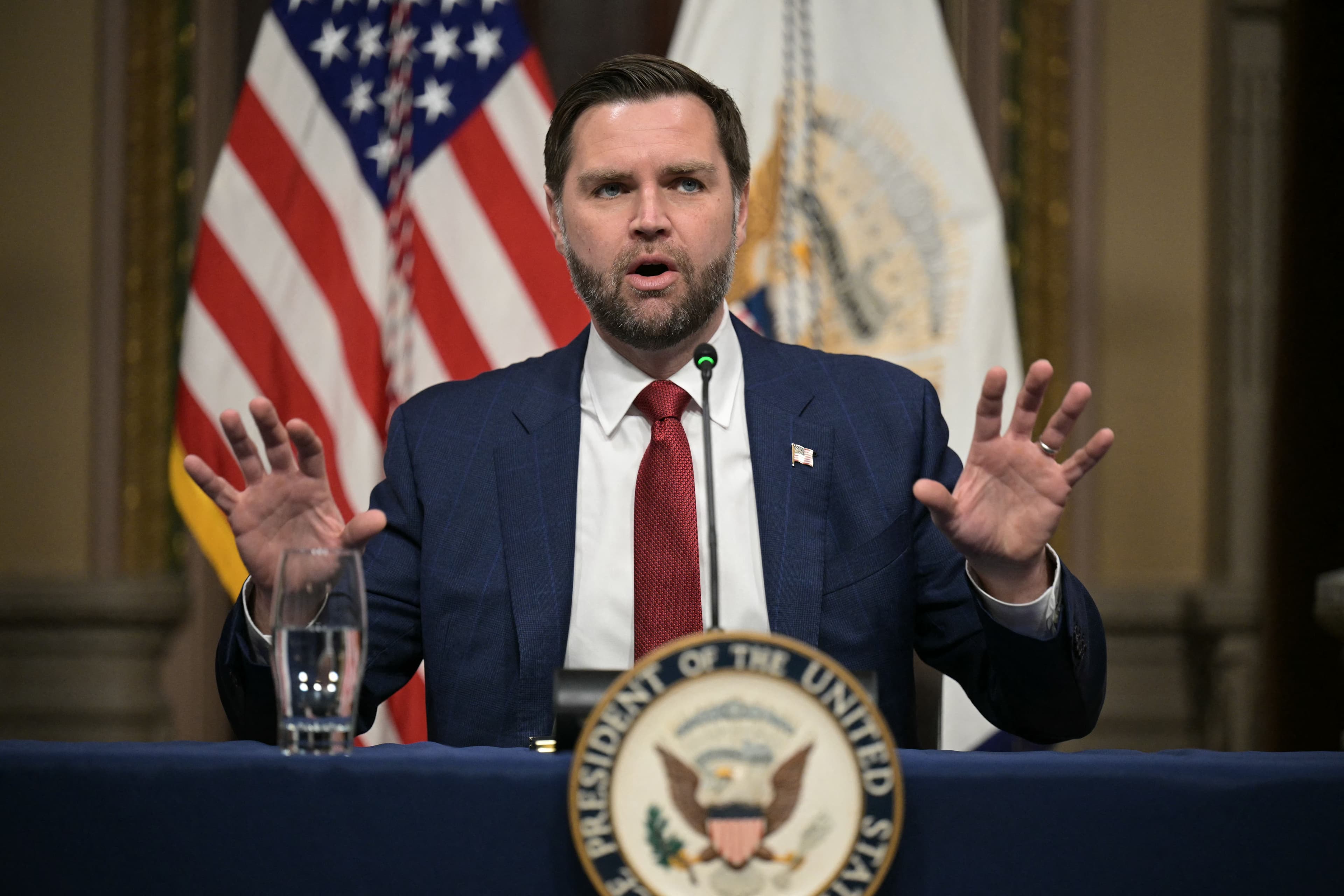 US Vice President JD Vance addresses a Fraud Task Force meeting in the Indian Treaty Room at the White House in Washington, DC 27 March, 2026. Photo: AFP