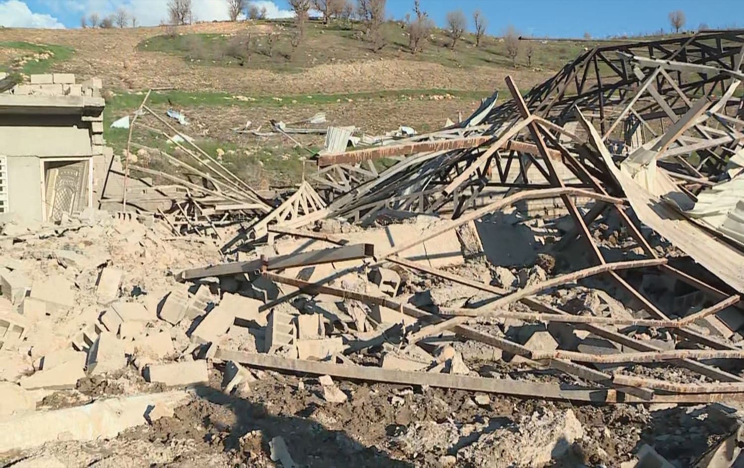 A charcoal factory that was destroyed following drone attacks in Erbil’s Khalifan district on April 1, 2026. Photo: Screengrab / Rudaw