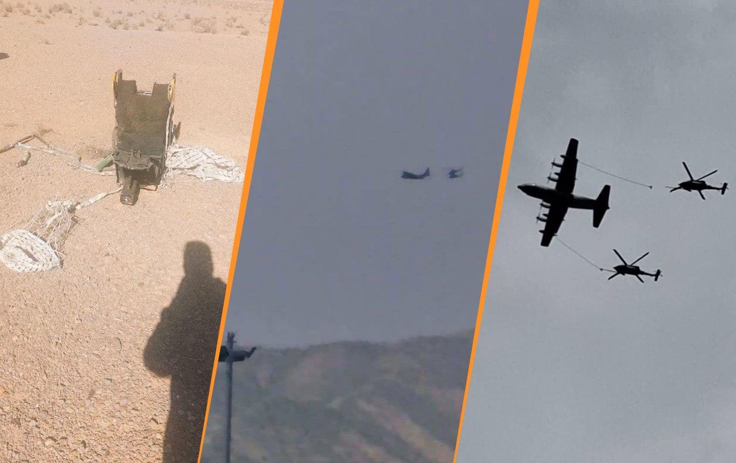 Image of the alleged ejection seat from the reportedly downed aircraft (left) and of the purported American plane carrying out a search-and-rescue operation in southern Iran circulated by IRGC media on April 3, 2026. Graphic: Rudaw