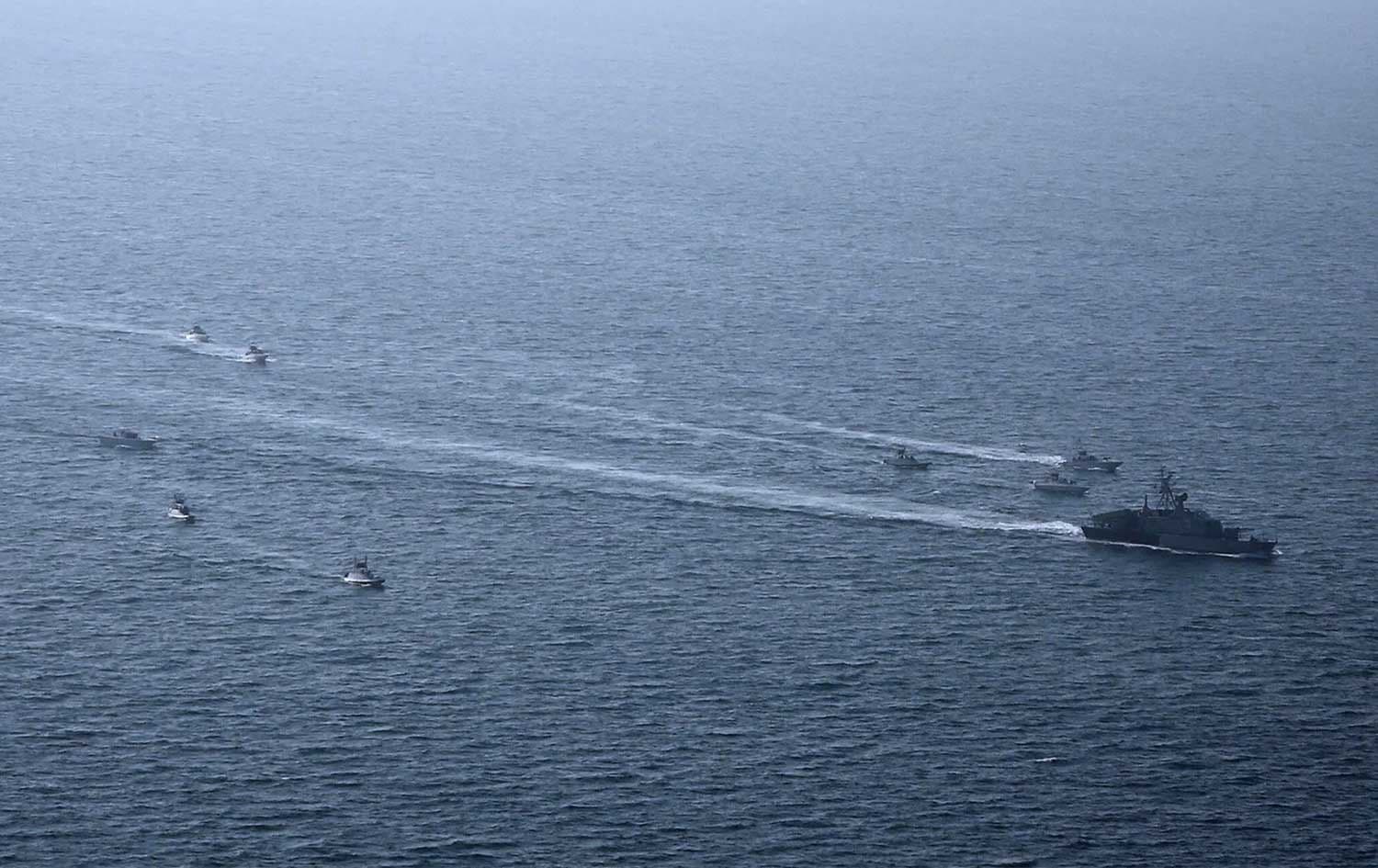 Navy ships during a military exercise by members of the IRGC and navy in the Gulf on February 16, 2026. Photo: Sepanews via AFP