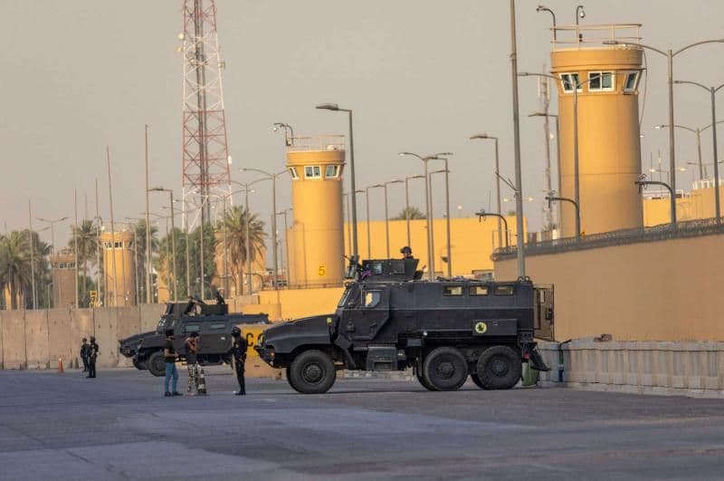 This AFP file picture shows Iraqi Counter Terrorism Forces standing guard outside the US embassy in Baghdad, Iraq.