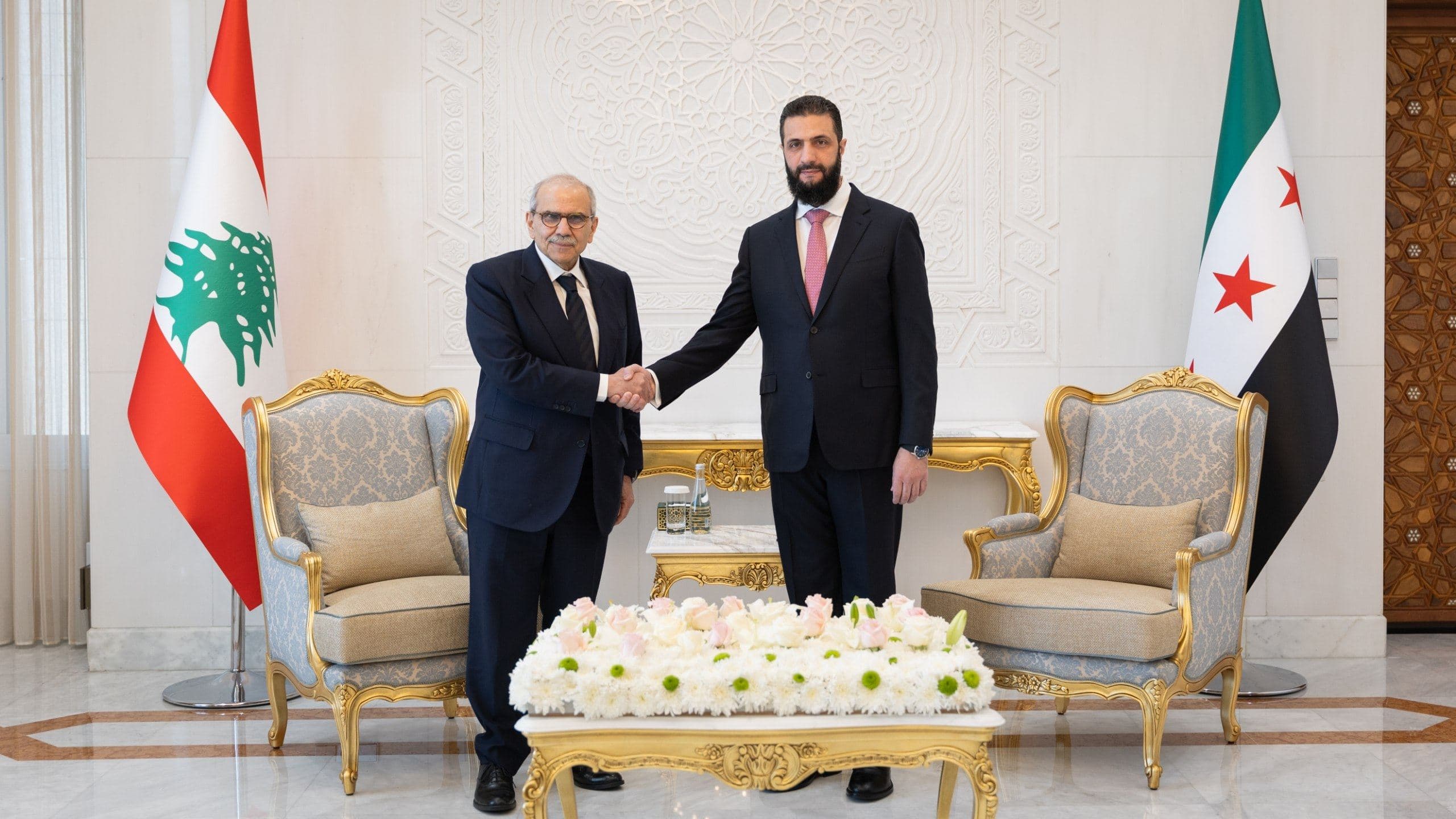 Lebanese Prime Minister Nawaf Salam (left) visited Damascus on May 9, 2026 and held talks with Syrian President Ahmed al-Sharaa. Photo: Syrian presidency