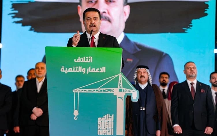 Mohammed Shia' al-Sudani, Iraq's prime minister at the time, speaking during a rally of his Reconstruction and Development Coalition ahead of the Iraqi parliamentary elections in November. Photo: RDC / Facebook